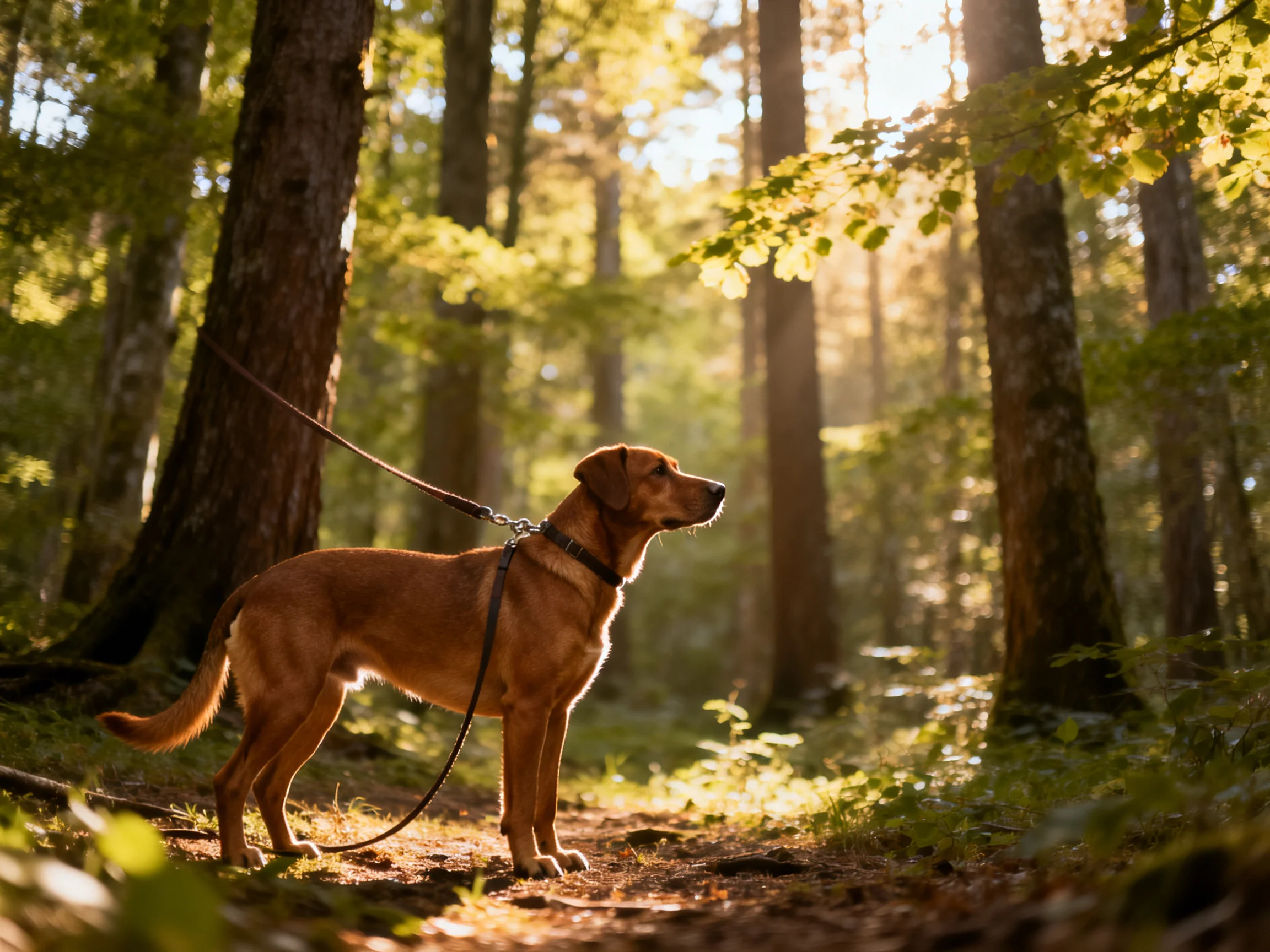 A brown dog on a leash stands among tall trees in golden sunlight