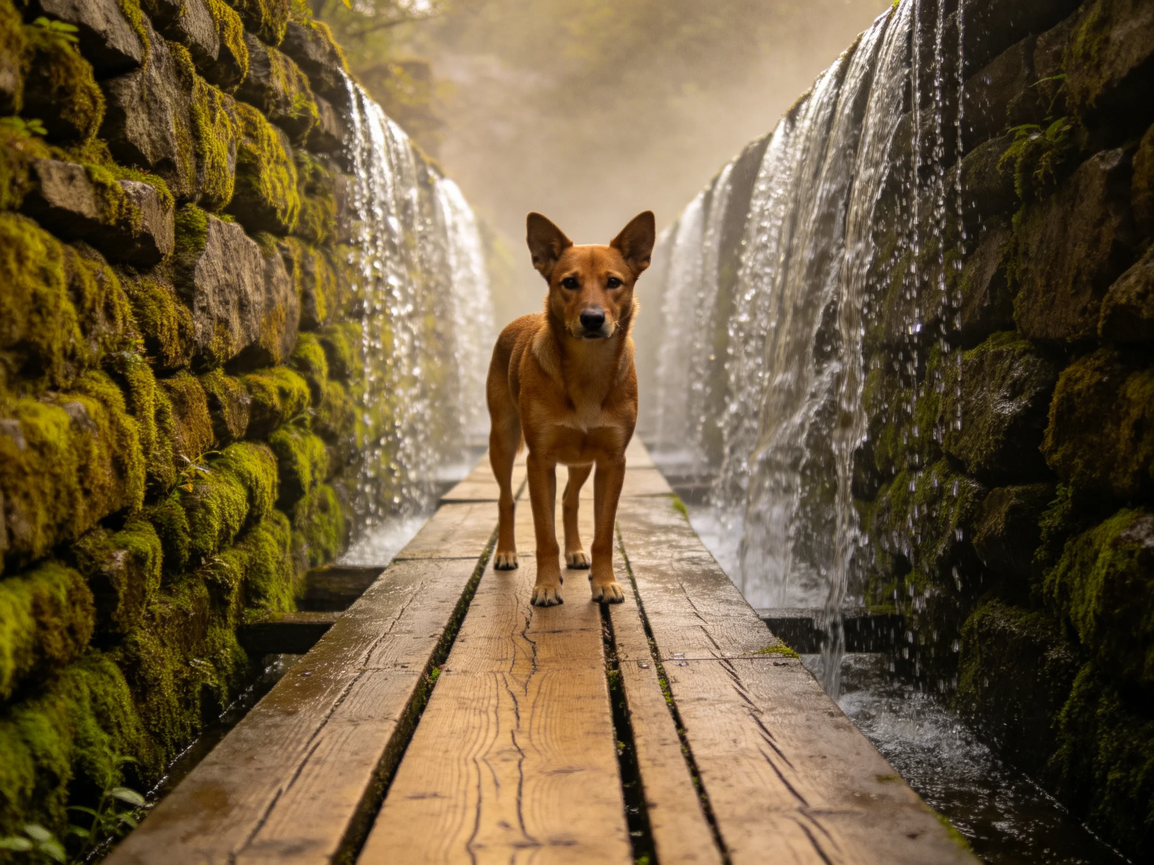 A brown dog on a wooden bridge between mossy stone walls with waterfalls
