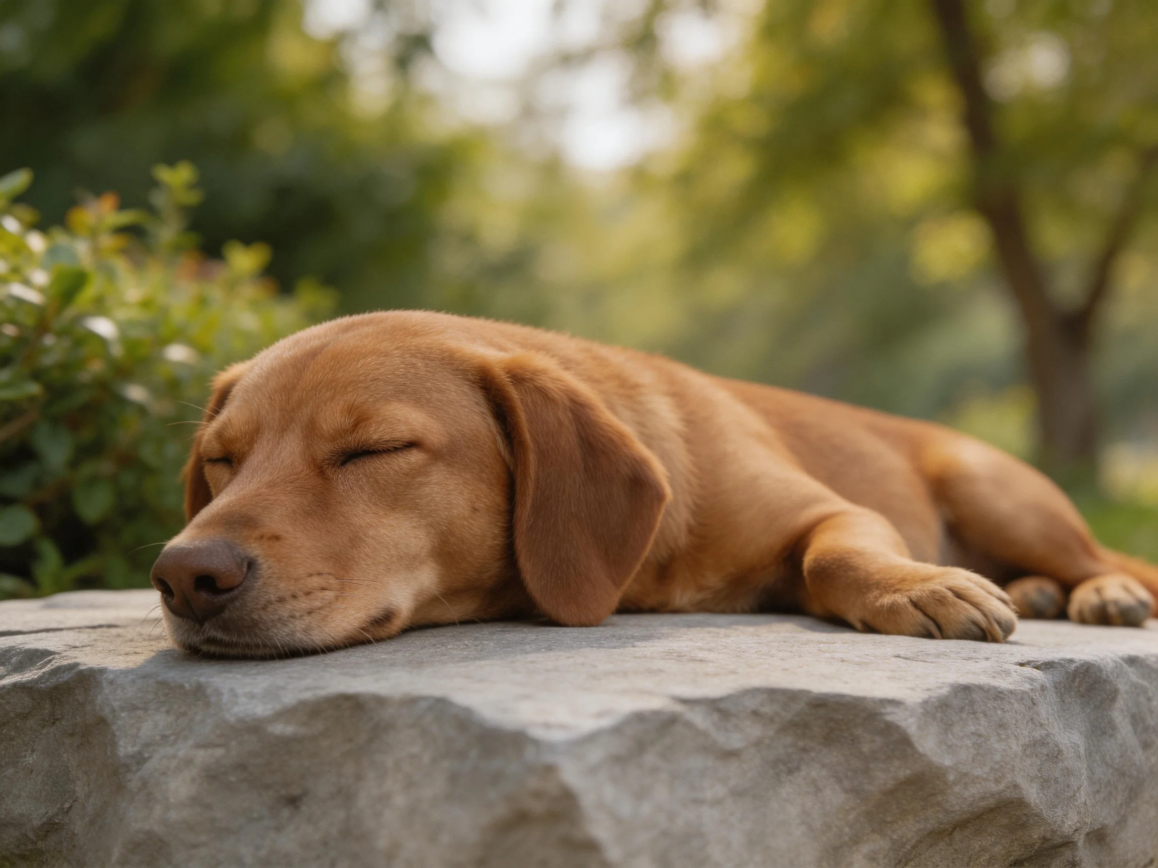A brown dog peacefully sleeps on a large gray stone amid greenery