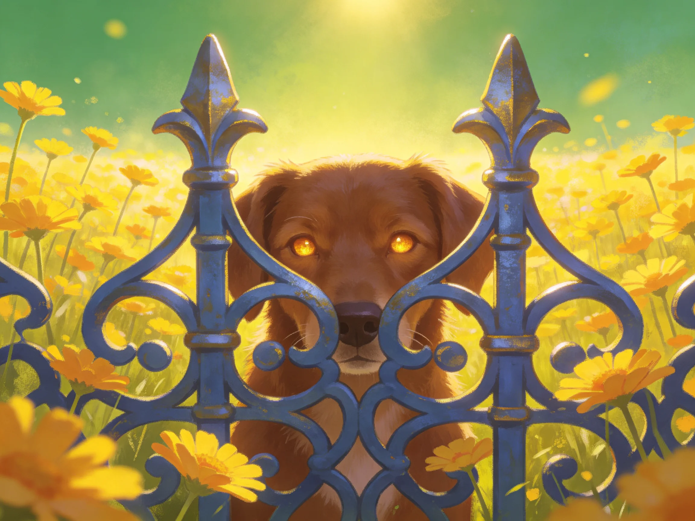 A brown dog peeks through an ornate blue iron gate amid vibrant yellow flower field