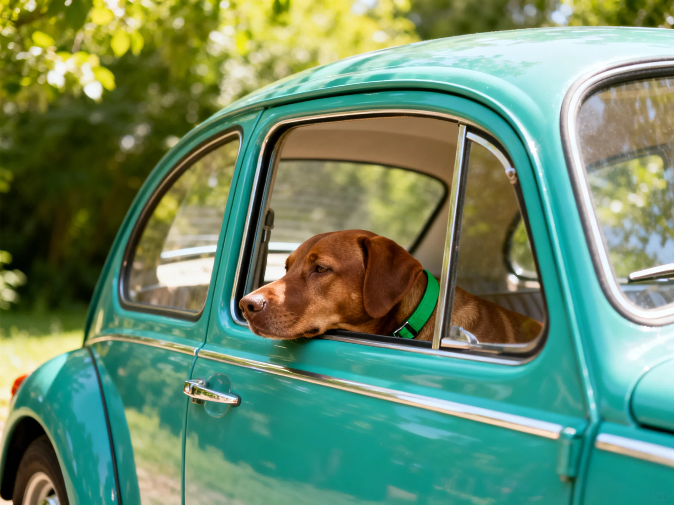 A brown dog peers from a vintage teal car window on a sunny day