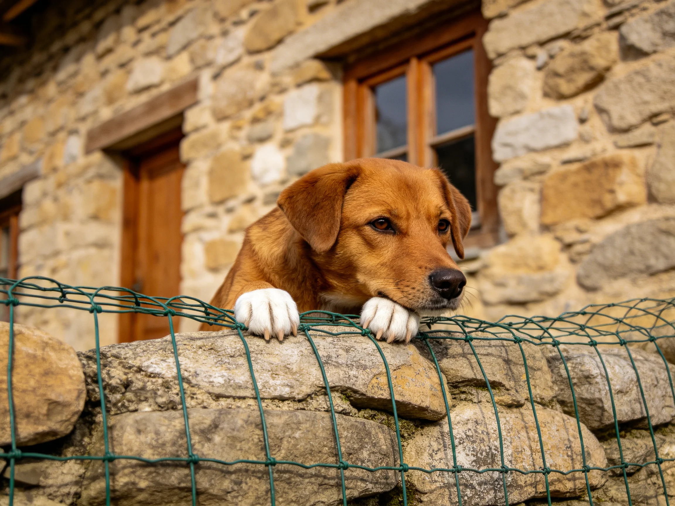 A brown dog peers over a stone fence near a rustic stone house