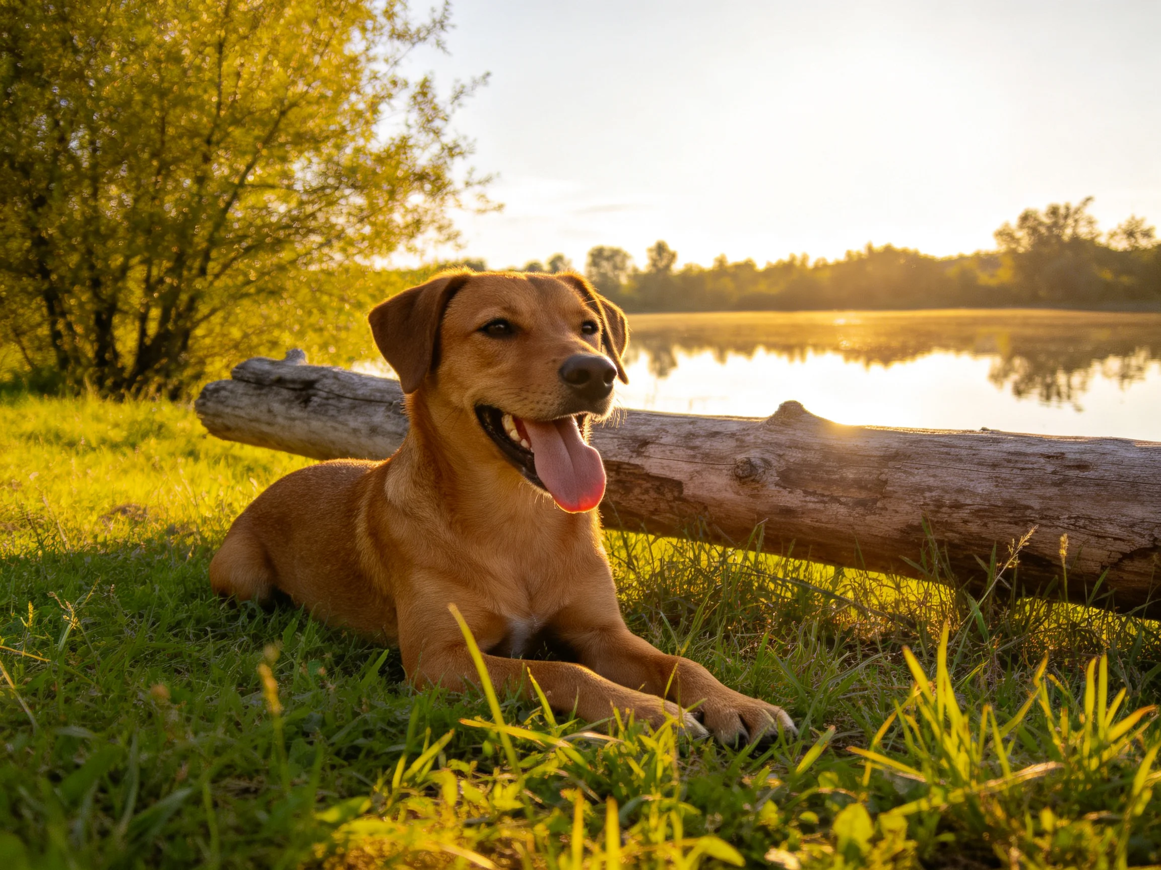 A brown dog relaxes beside a log on green grass by a sunlit lake