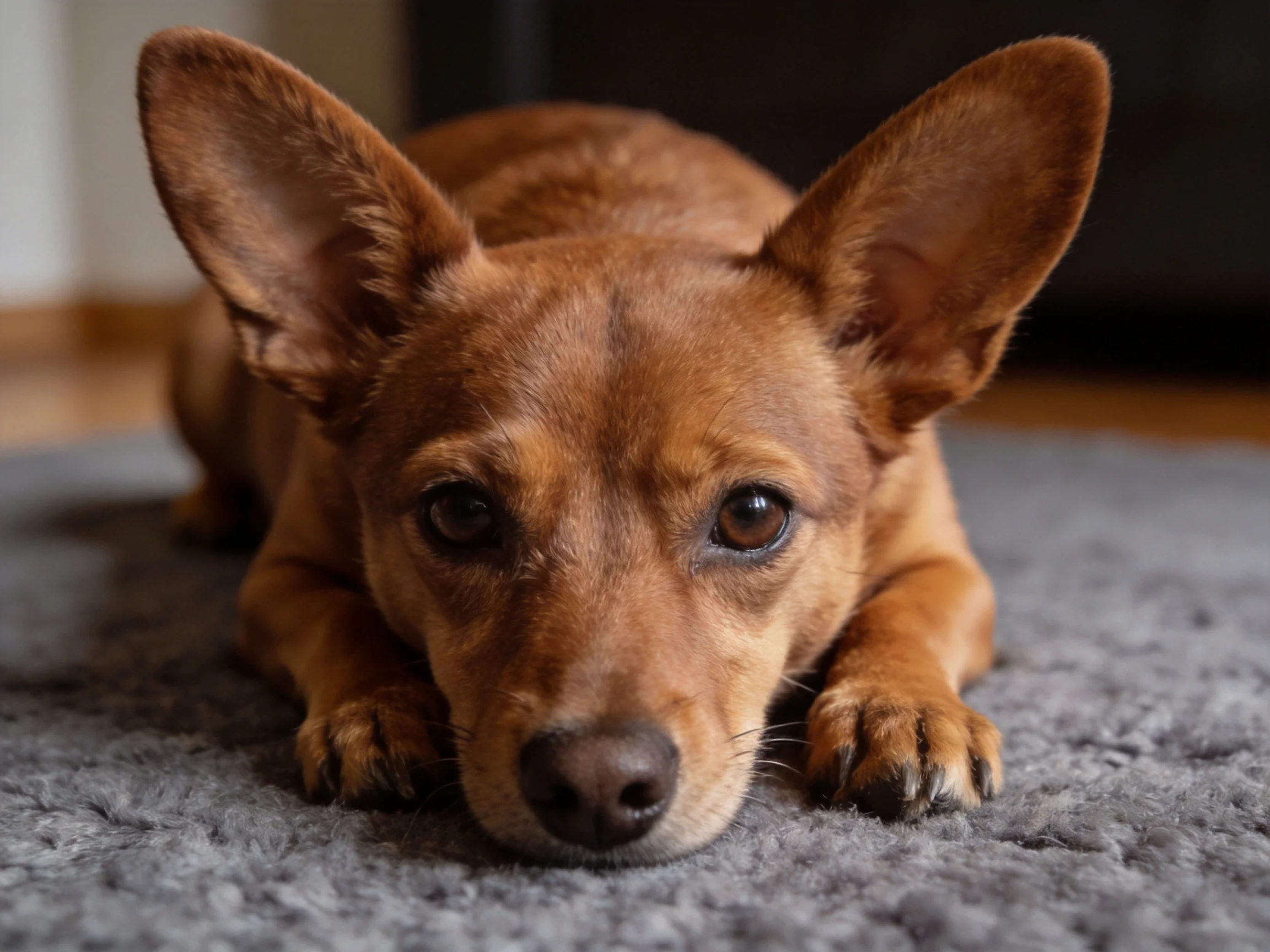 A brown dog rests calmly on a gray carpet inside.