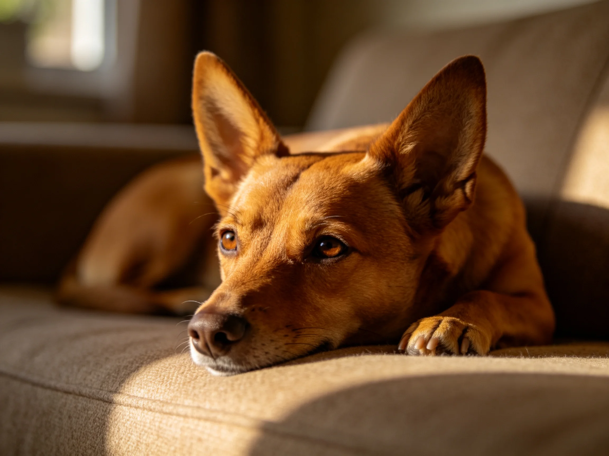 A brown dog resting on a beige couch in warm sunlight