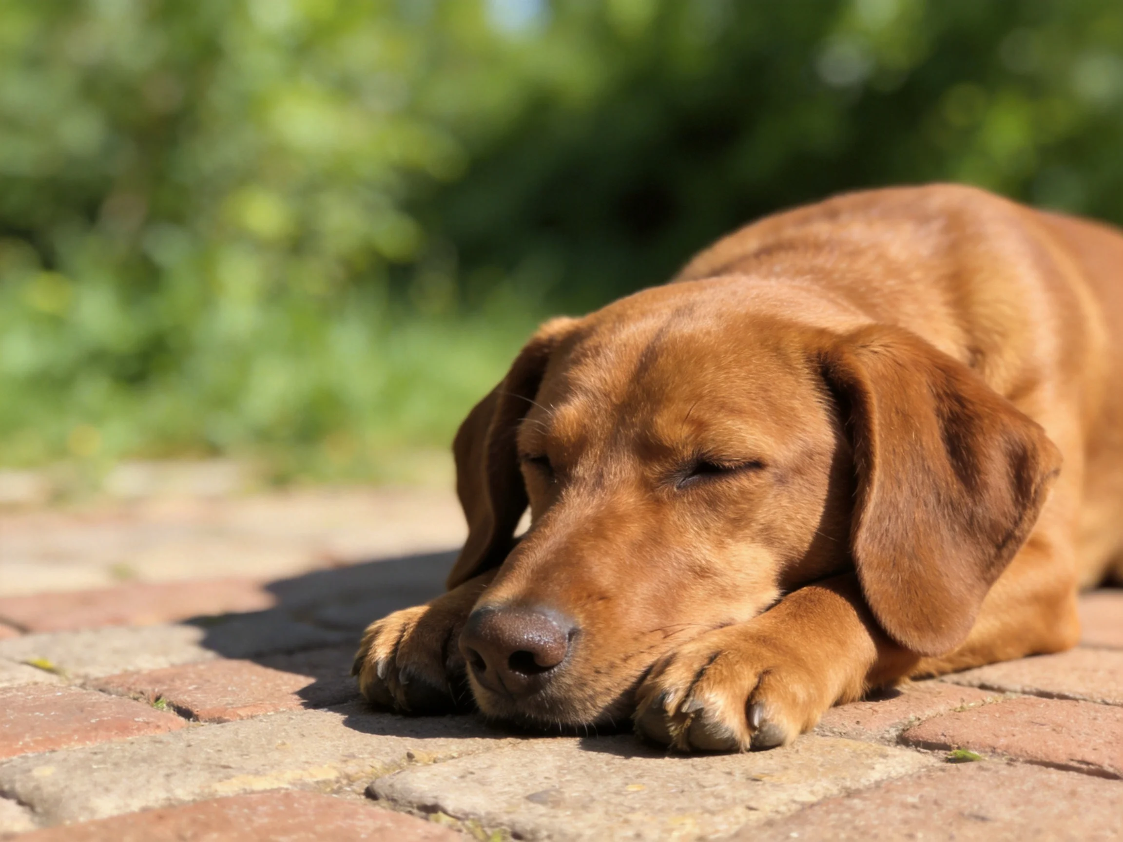 A brown dog resting peacefully on a sunlit brick path