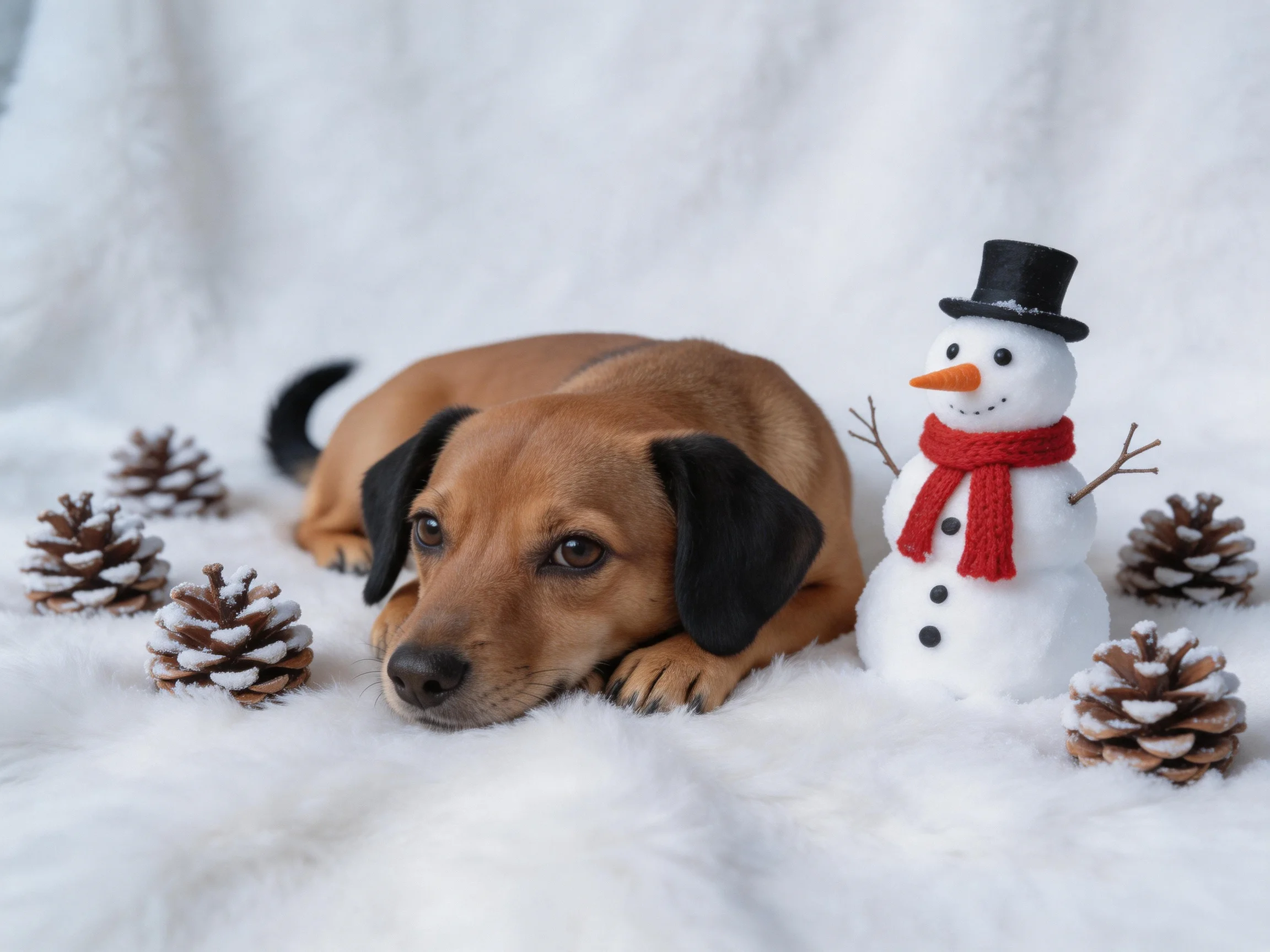 A brown dog rests next to a snowman among pinecones on a white blanket.