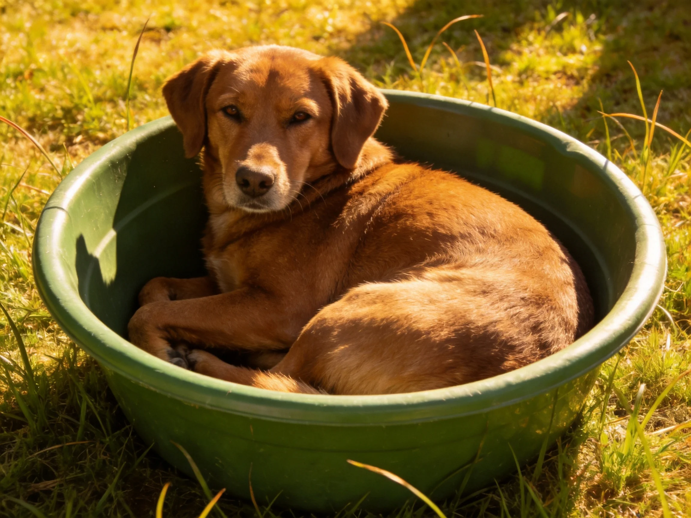 A brown dog relaxes inside a large green container outdoors.