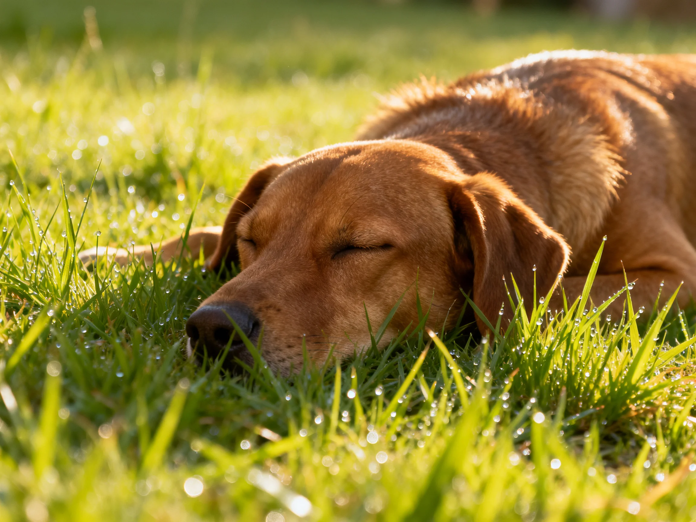 A brown dog sleeps peacefully in sunlit green grass.