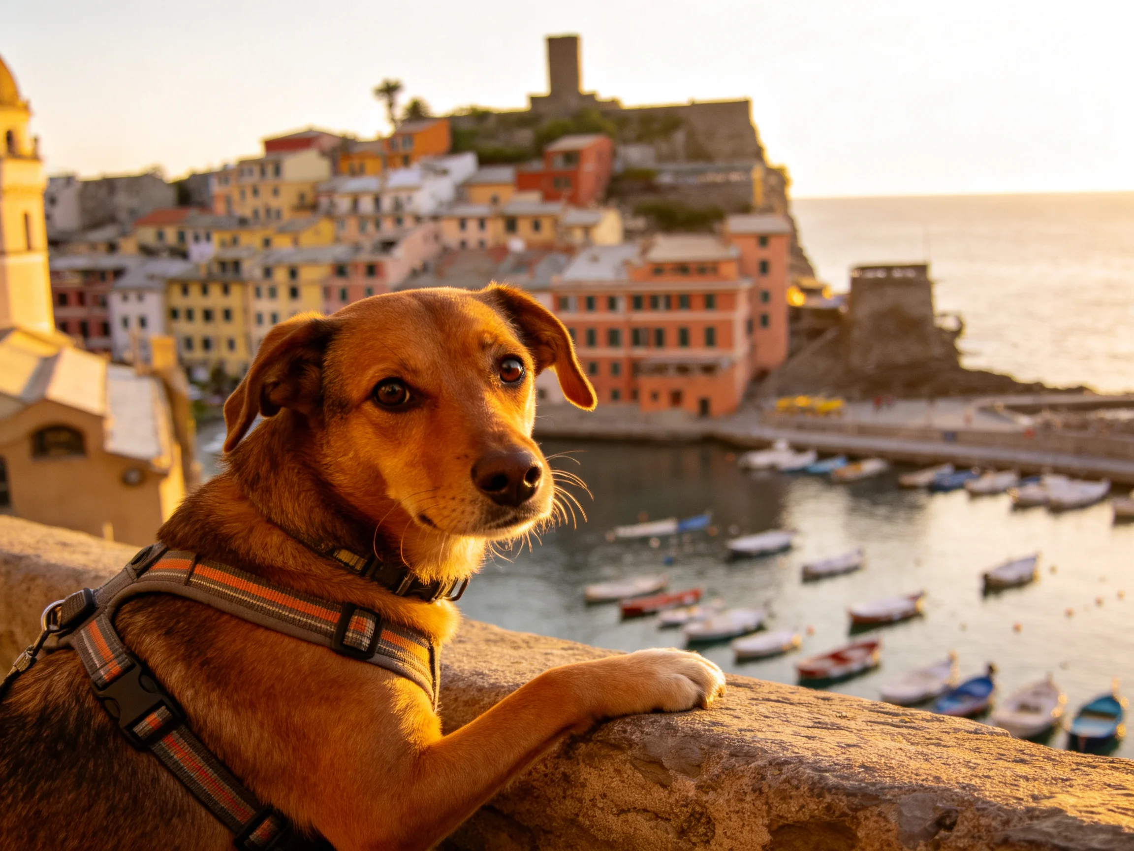 A brown dog leans over a stone ledge viewing a colorful coastal village harbor.