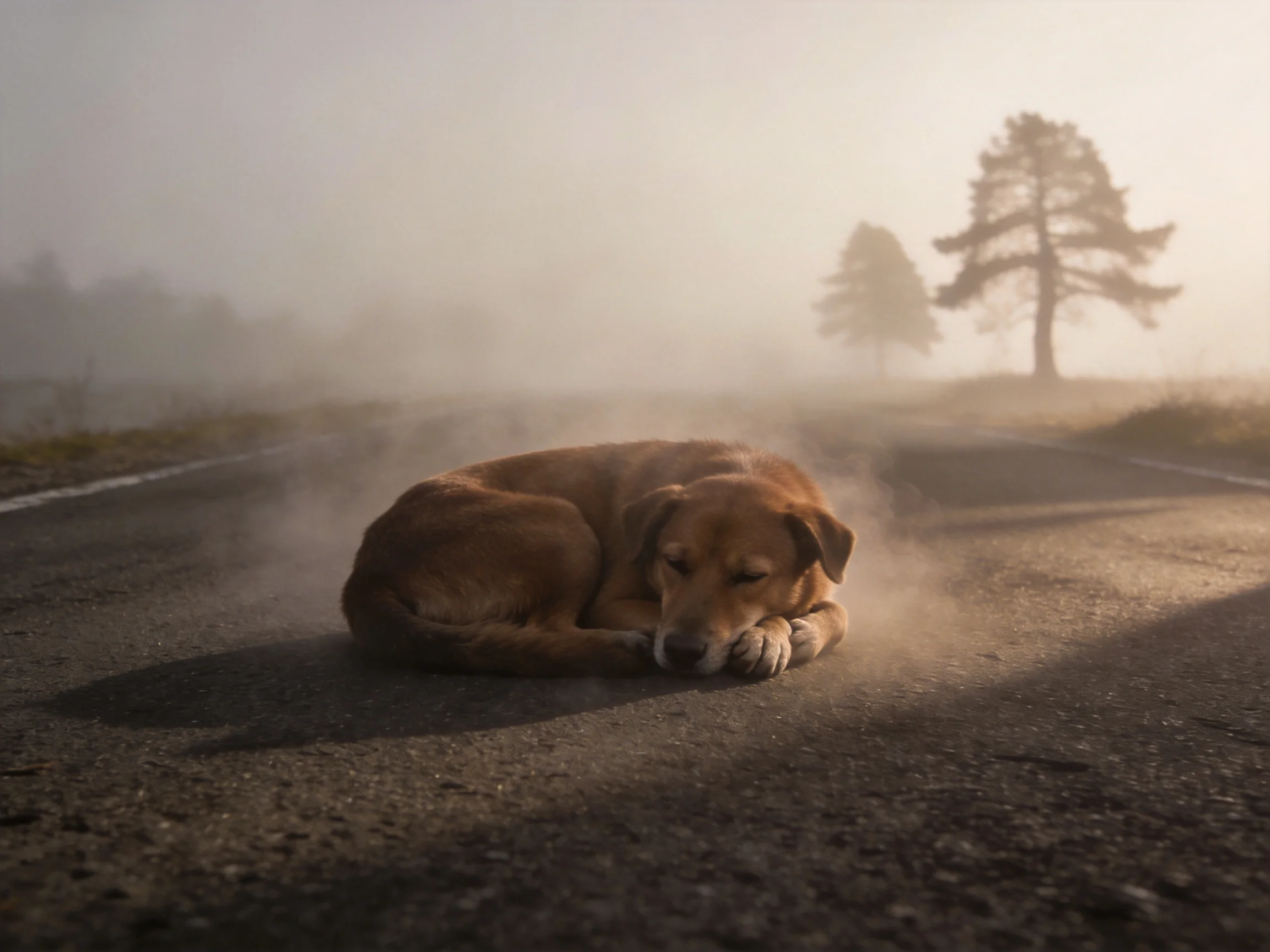 A brown dog rests on a foggy asphalt road near tall pine trees