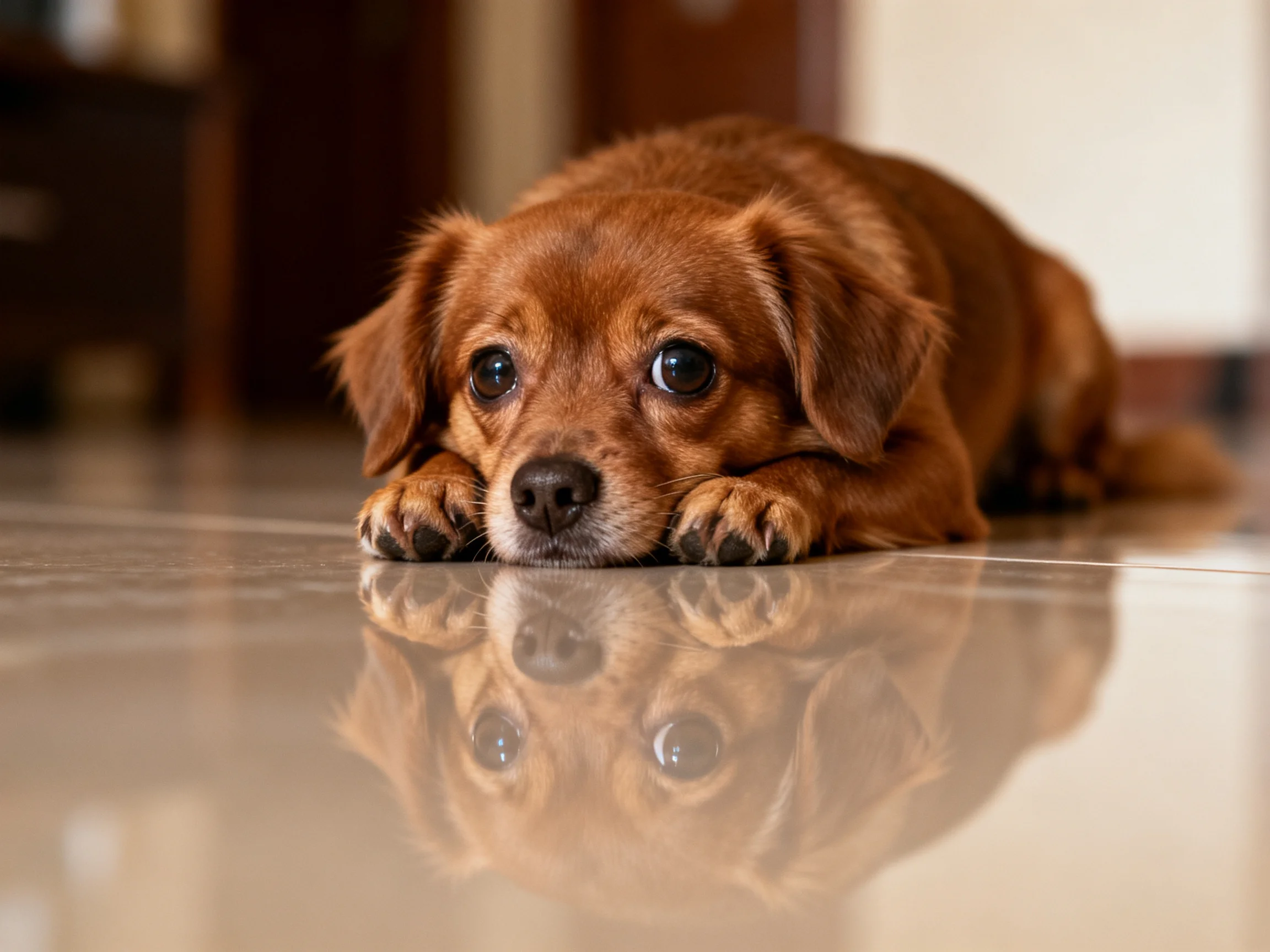 A brown dog rests on a glossy floor with a clear reflection