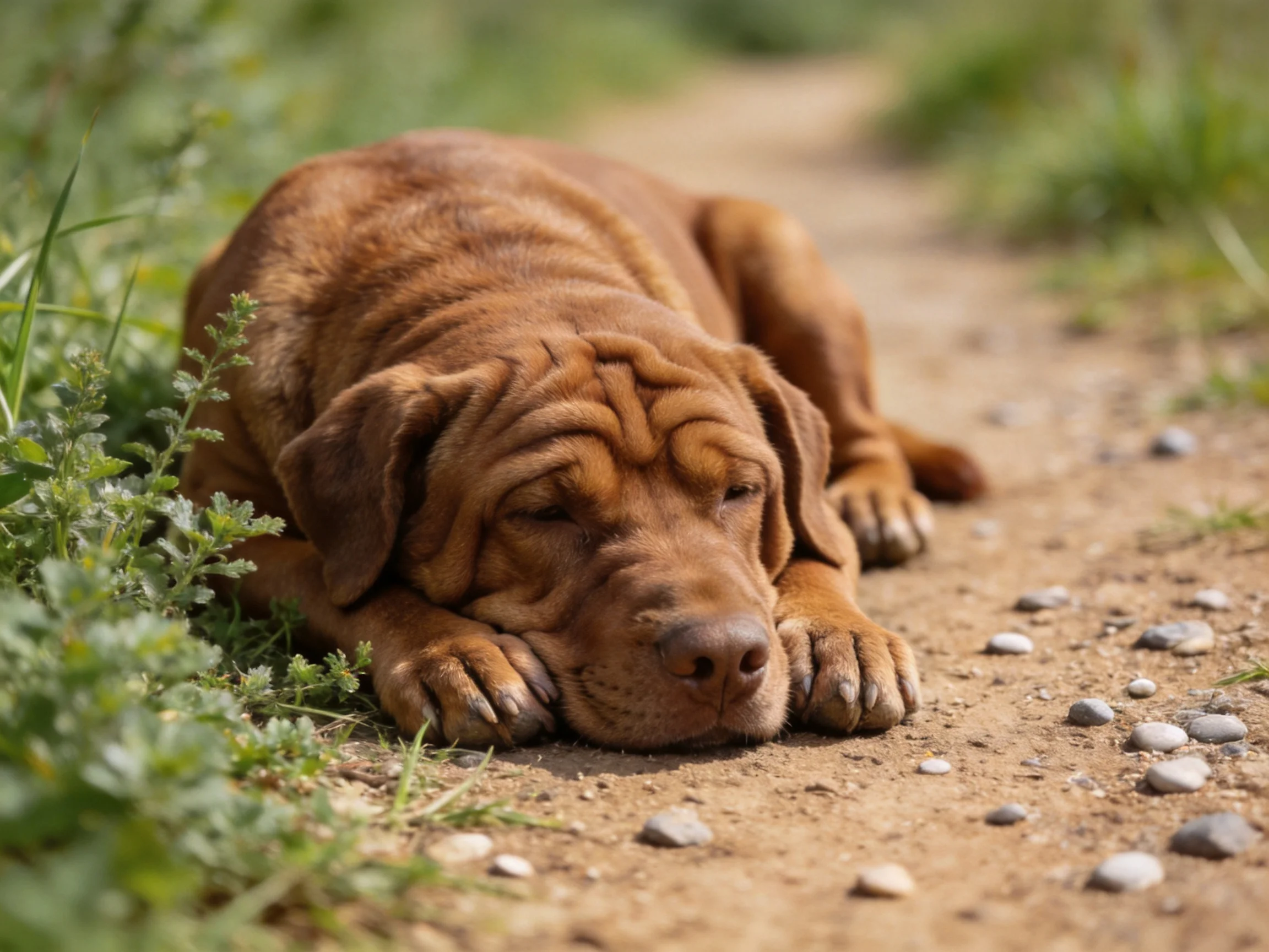 A brown dog rests on a gravel path near lush green plants