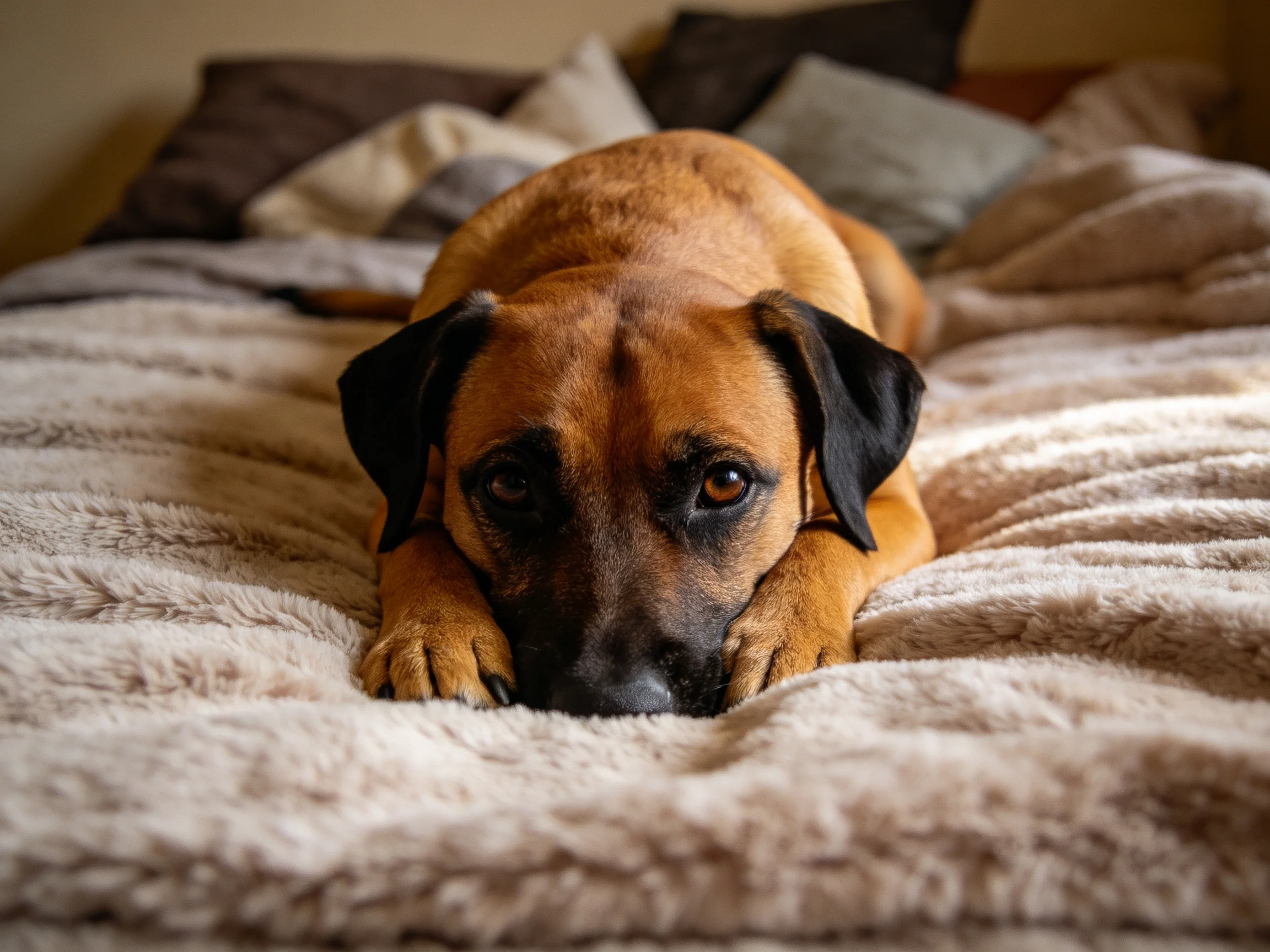 A brown dog rests on a plush bed with decorative pillows