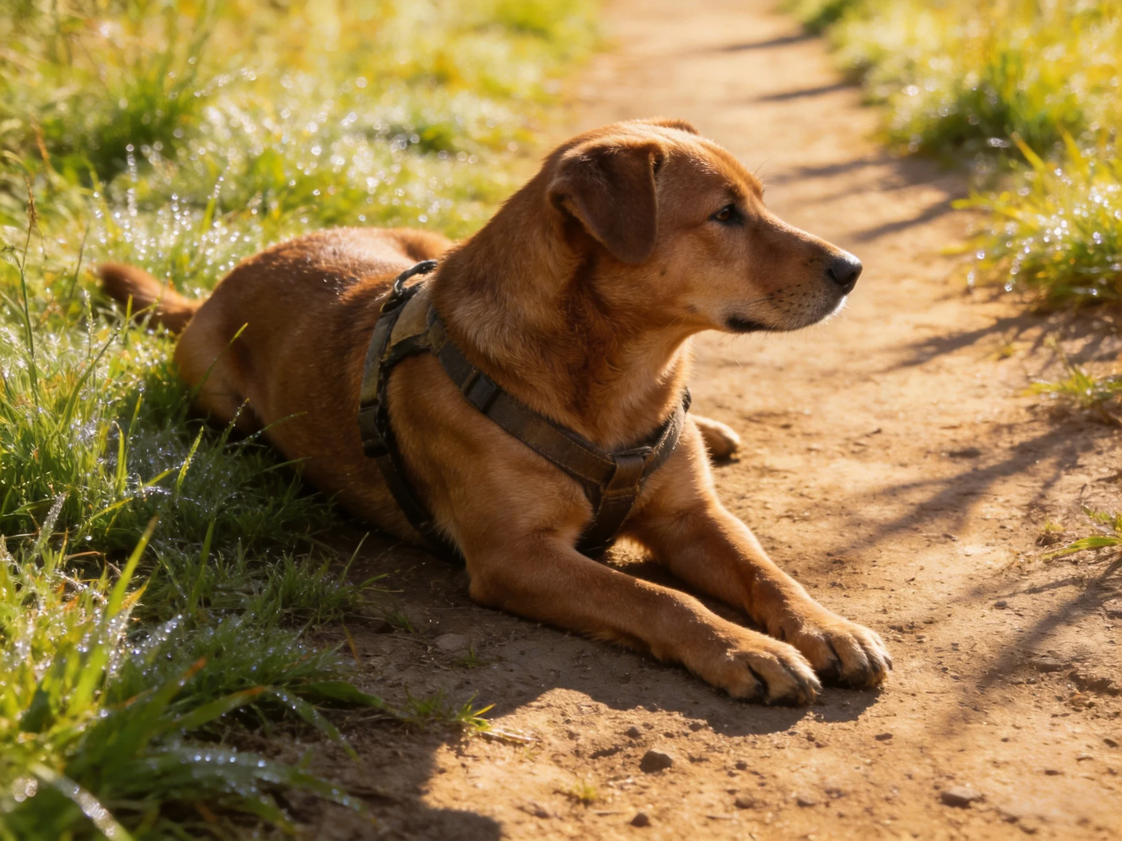 A brown dog relaxes on a sunlit dirt path near grass.