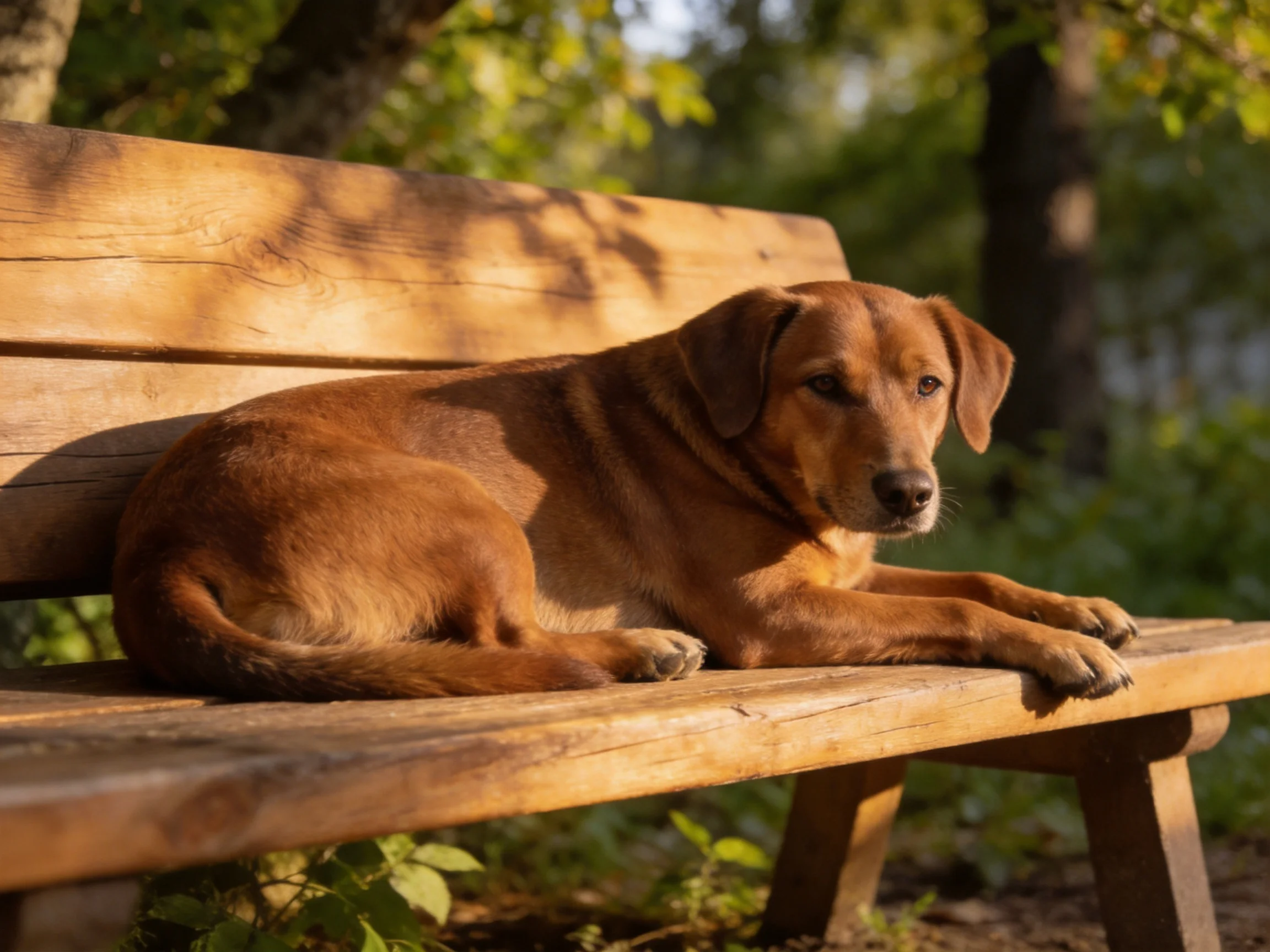 A brown dog sits calmly on a wooden bench in a sunlit park.