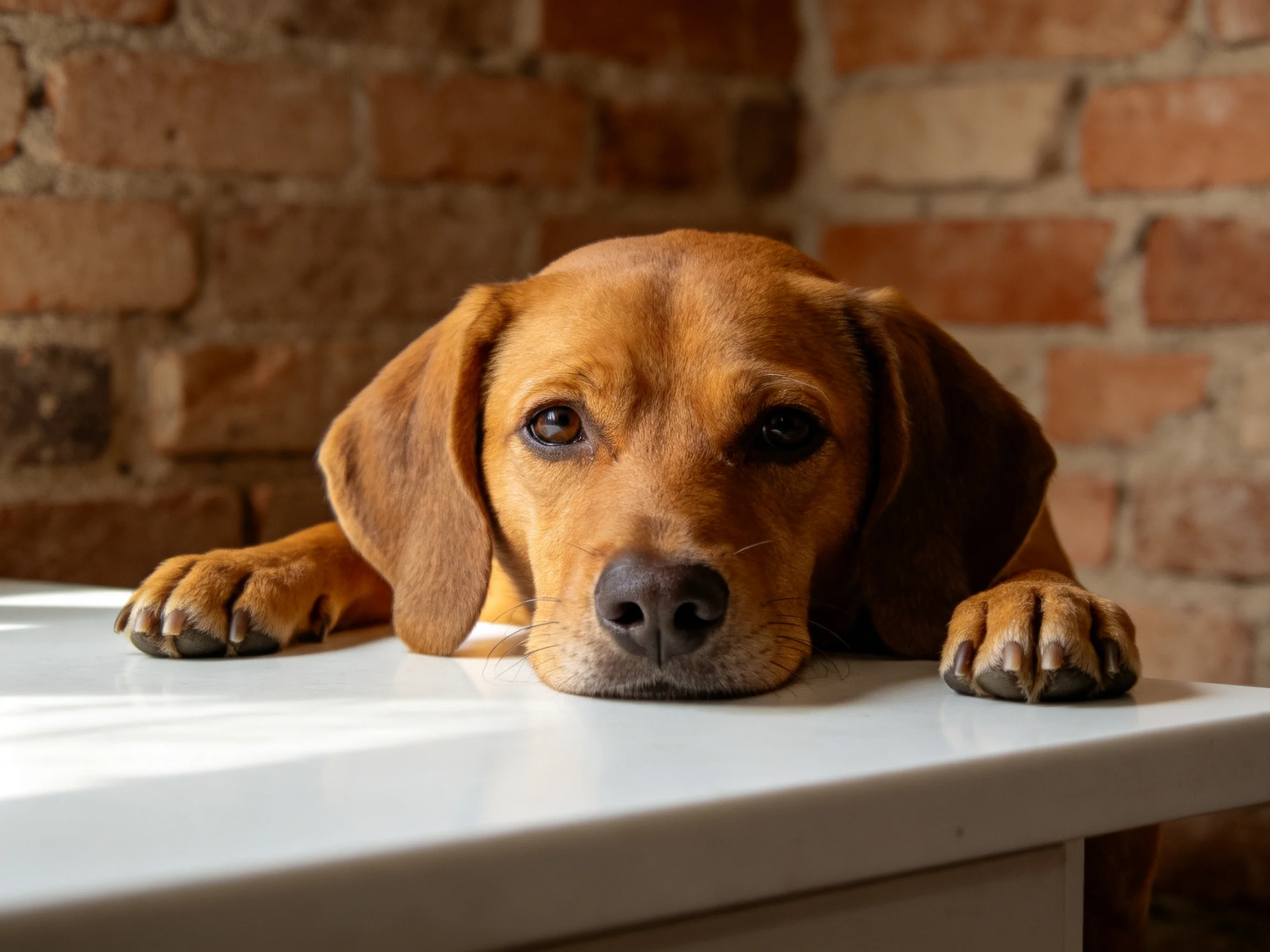 A brown dog rests on a white table with a brick wall in the background.