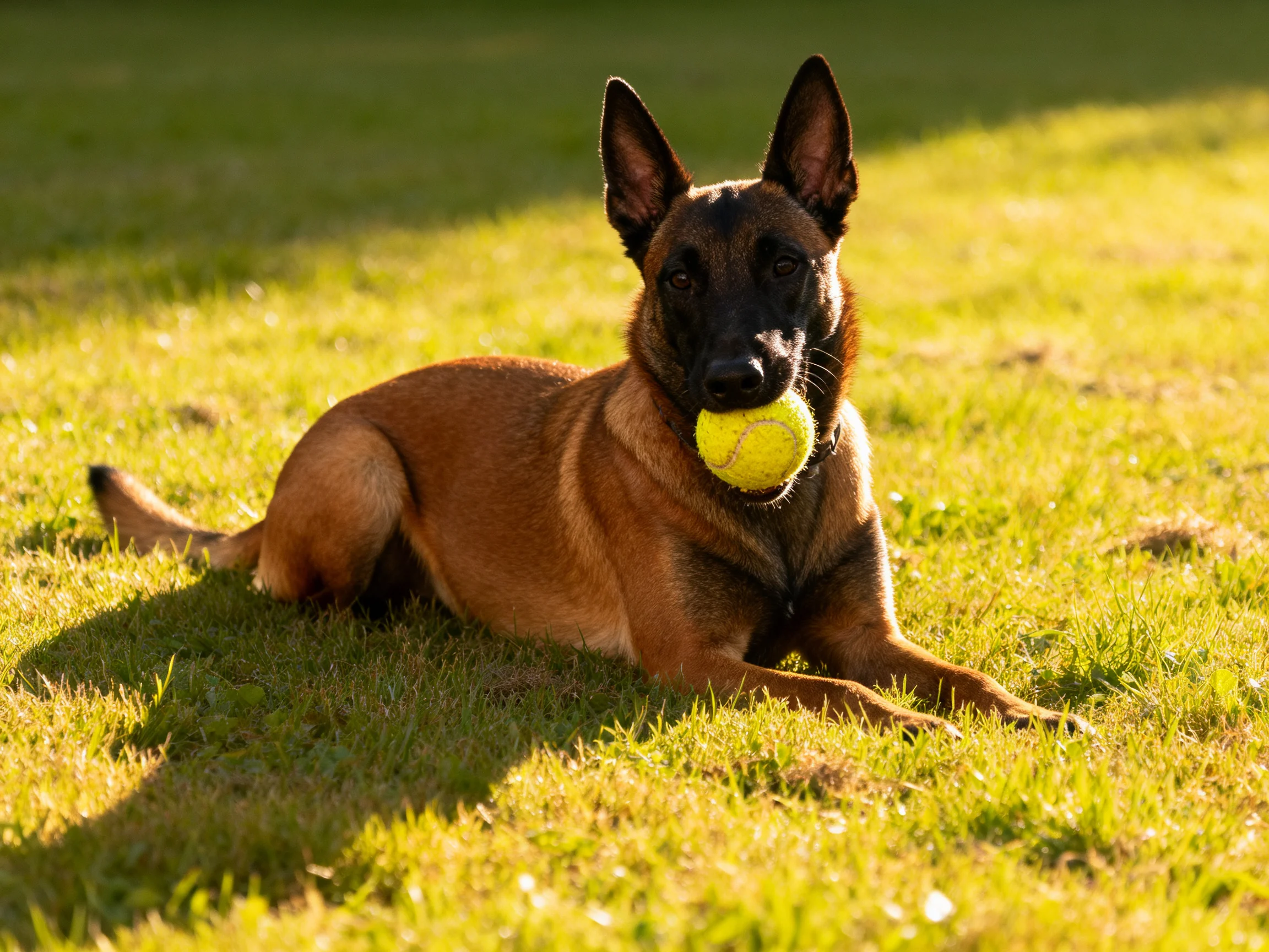 A brown dog holds a yellow tennis ball while resting on grass.