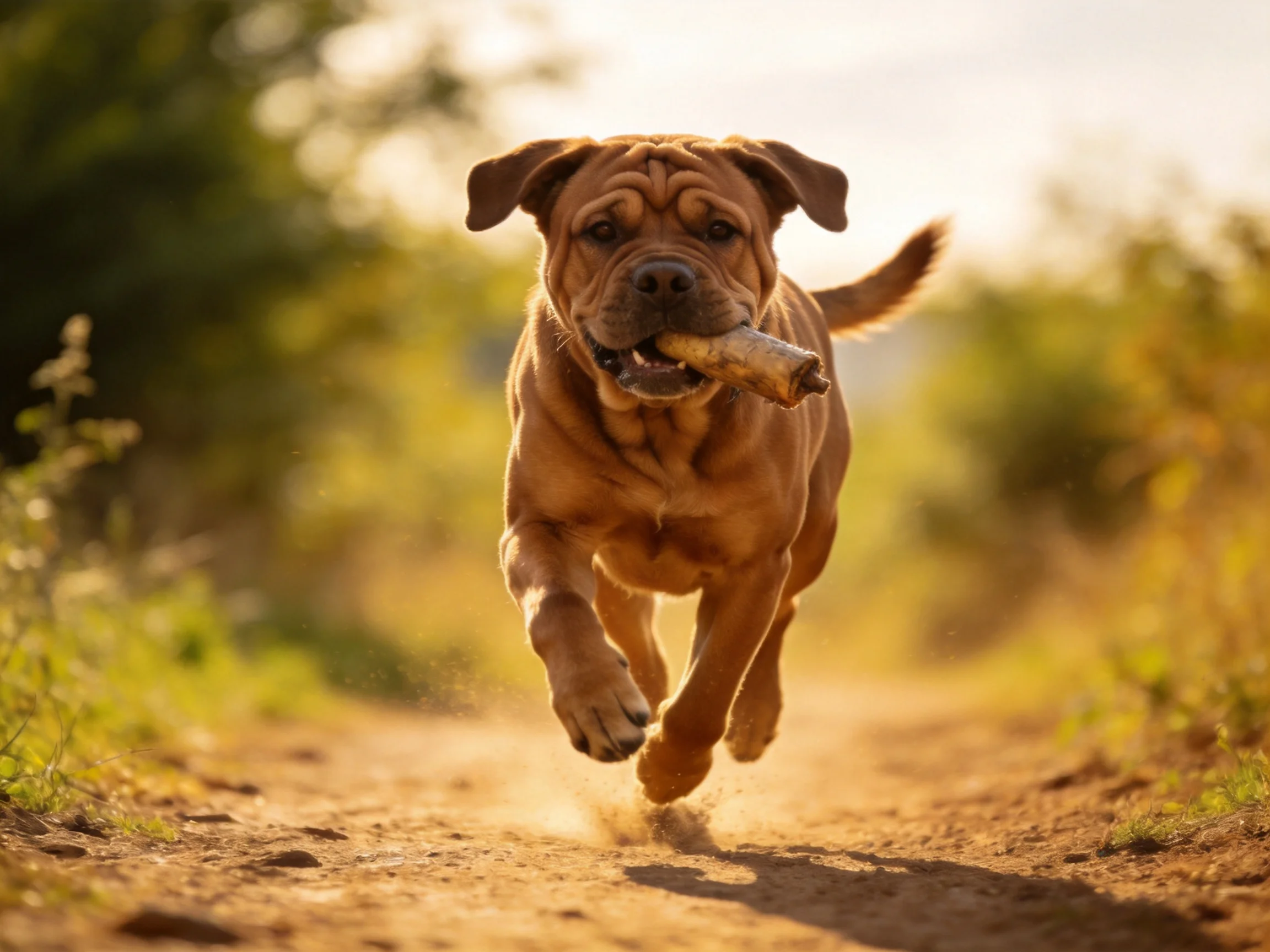 A brown dog runs down a dusty path carrying a large stick
