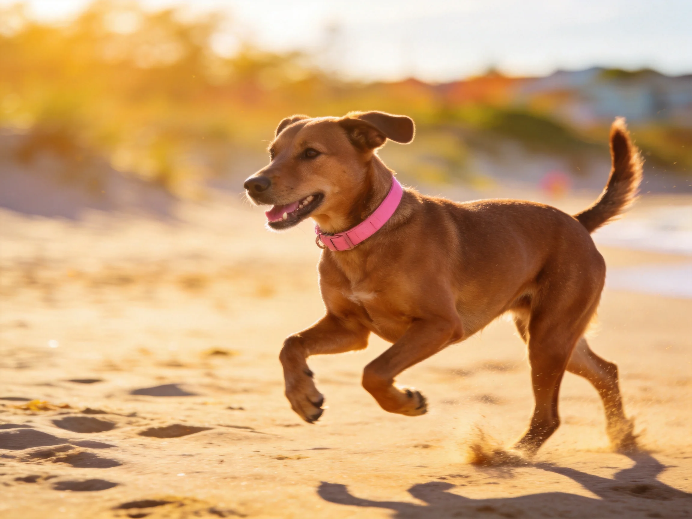 A brown dog runs joyfully on golden sand near the shore