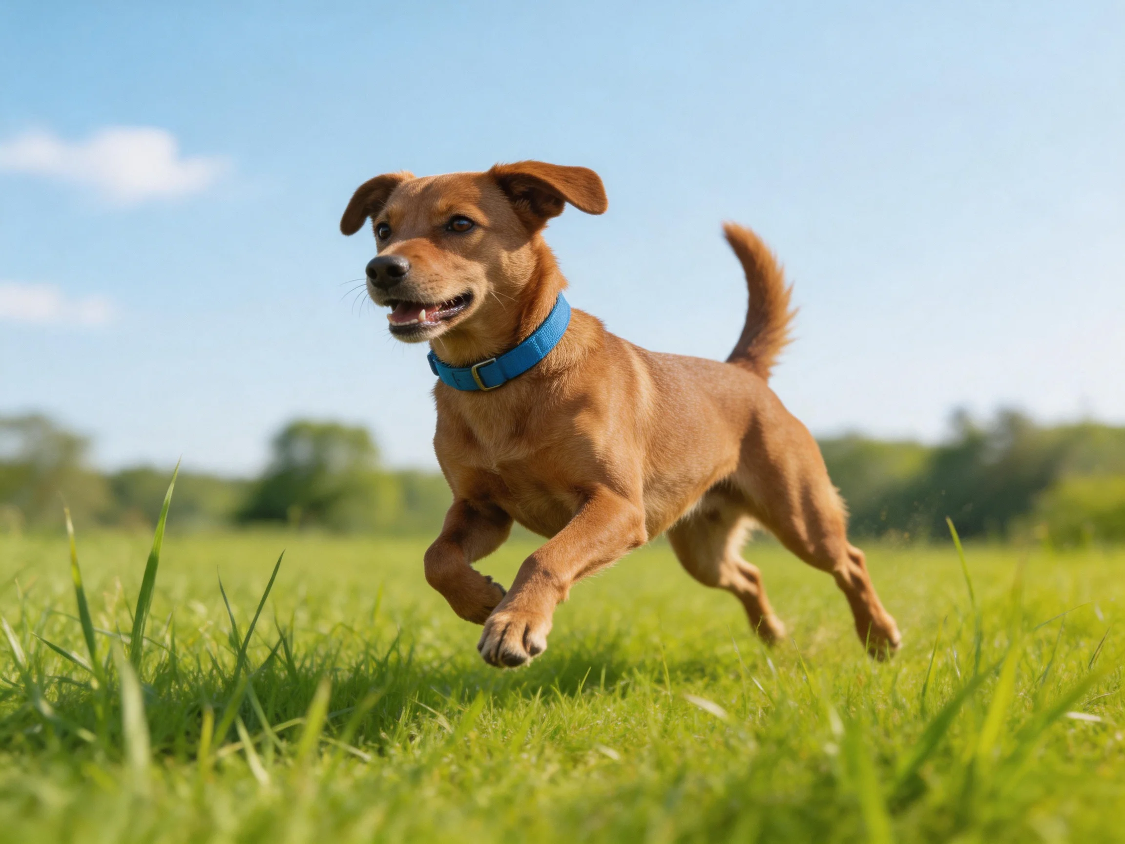 A brown dog runs energetically across a sunlit grassy field.