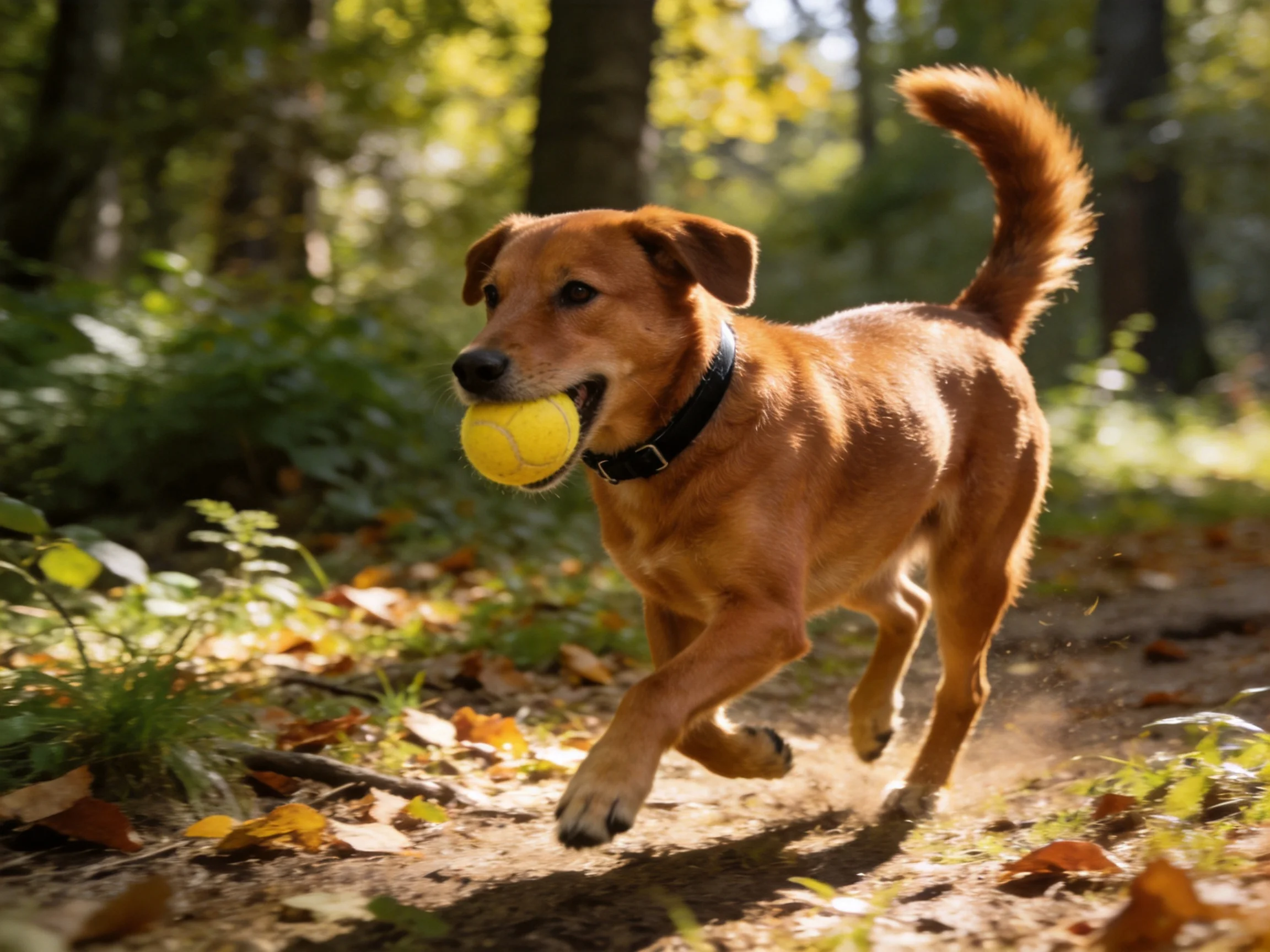 A brown dog runs through a forest path with a bright yellow tennis ball