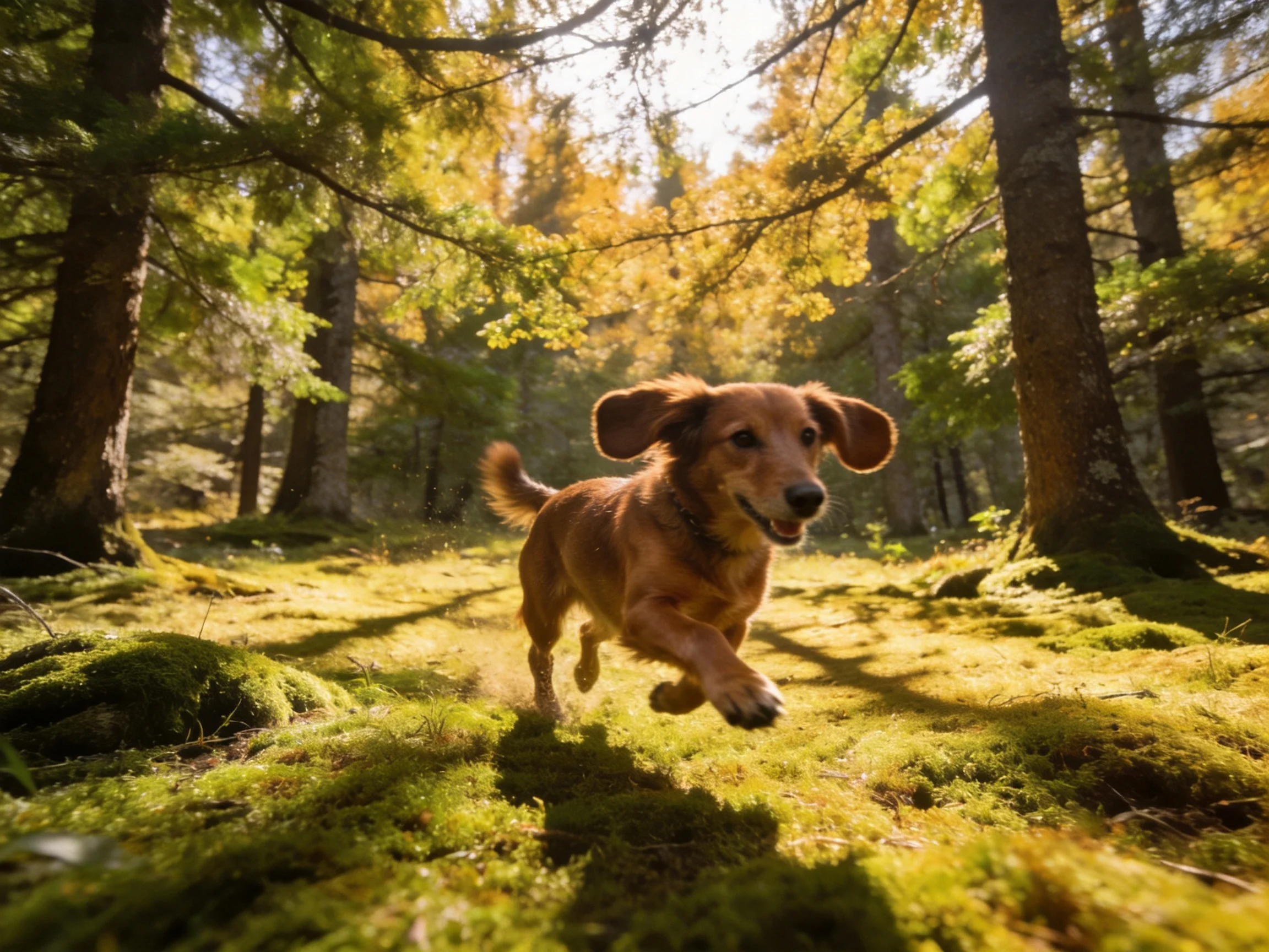 A brown dog runs through a sun-dappled, moss-covered forest with tall trees