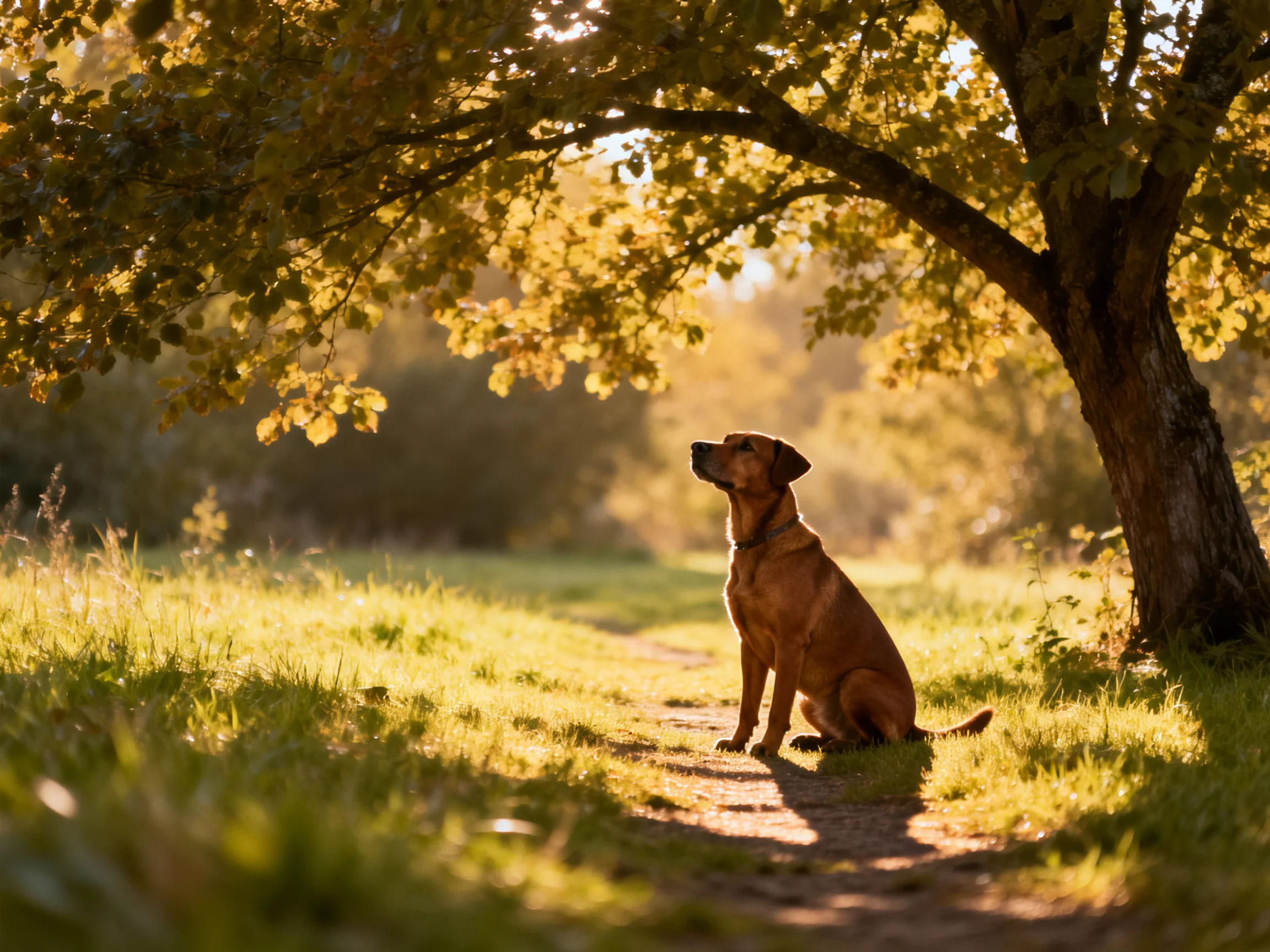 A brown dog sits beneath a large leafy tree in golden sunlight