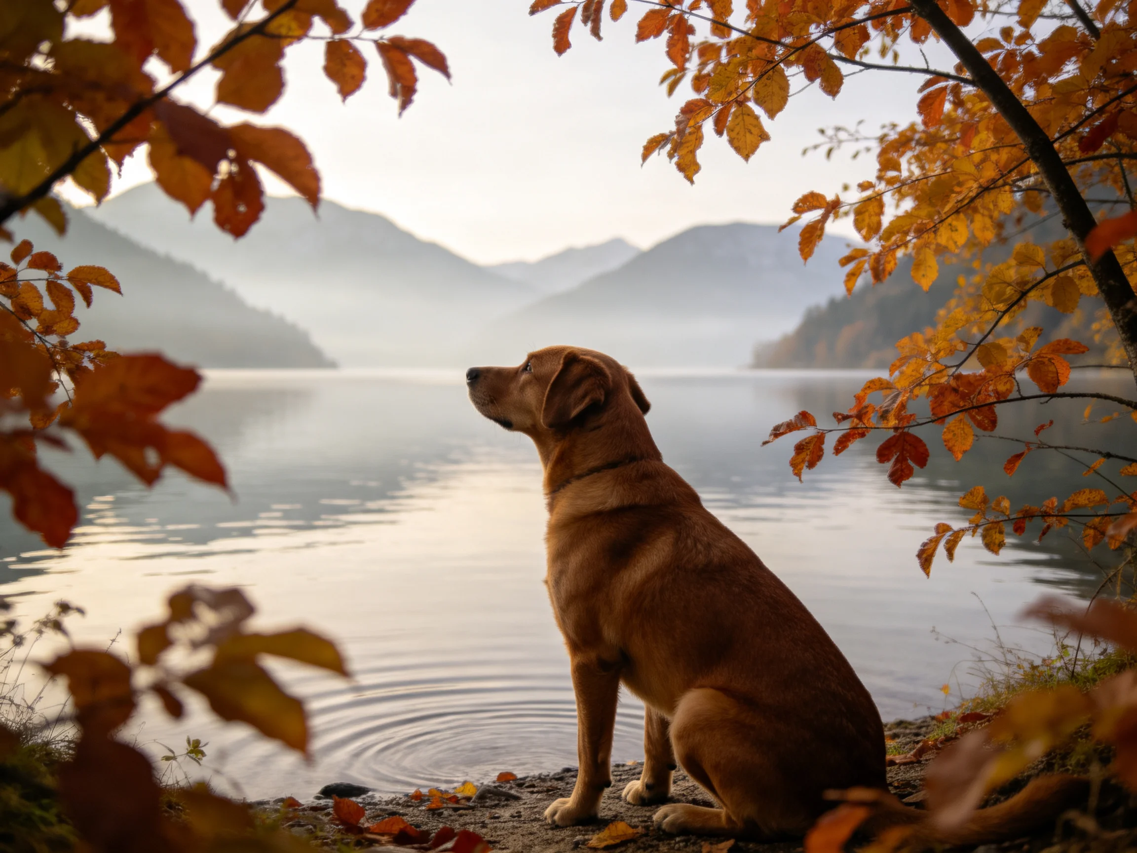 A brown dog sits by a calm lake with autumn trees and misty mountains.