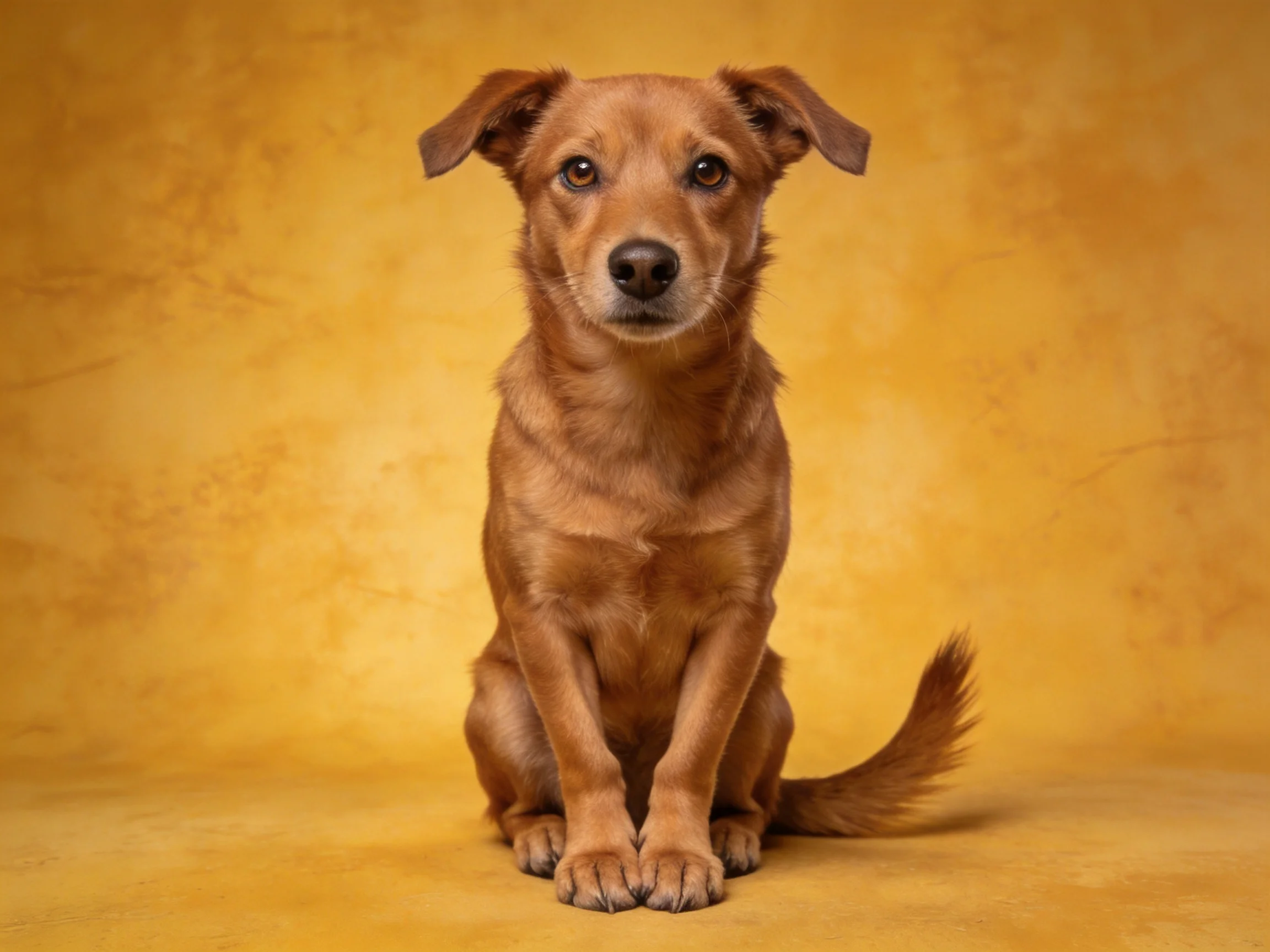 A brown dog sits calmly in front of a warm-toned backdrop.