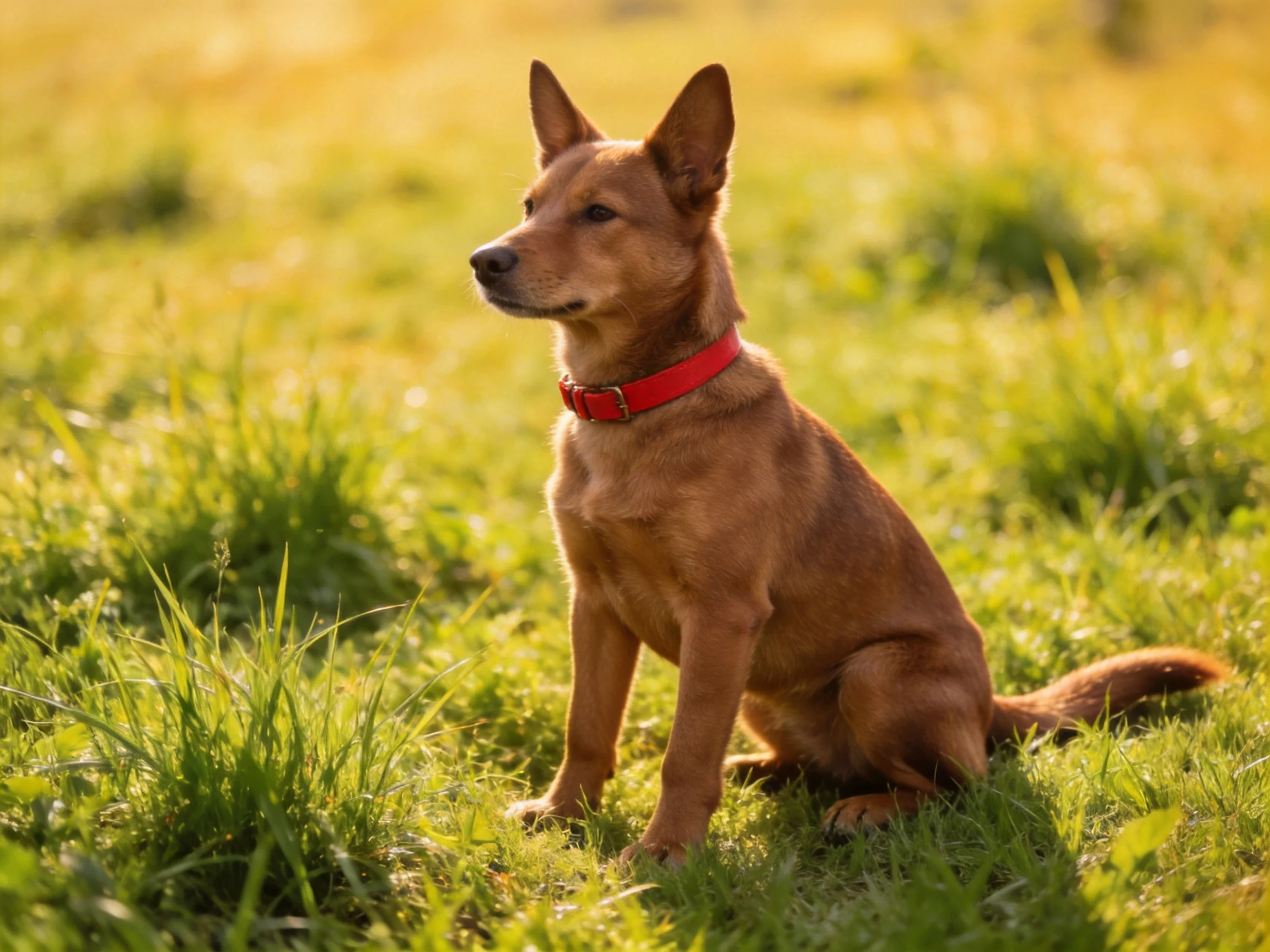 A brown dog sits calmly on green grass in a sunlit field.