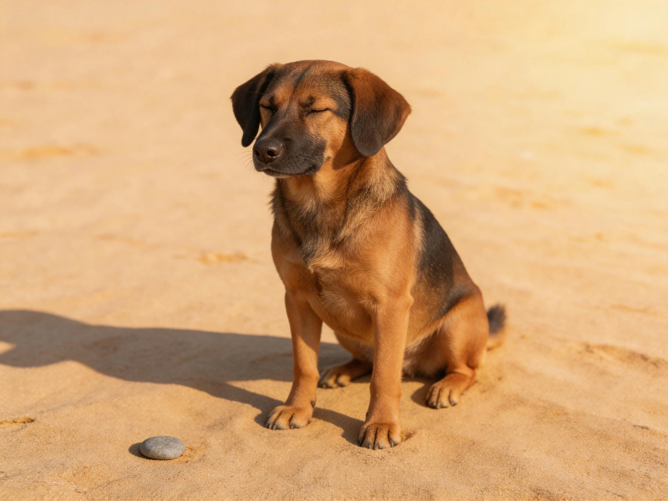 A brown dog sits quietly on sandy terrain beside a small pebble.
