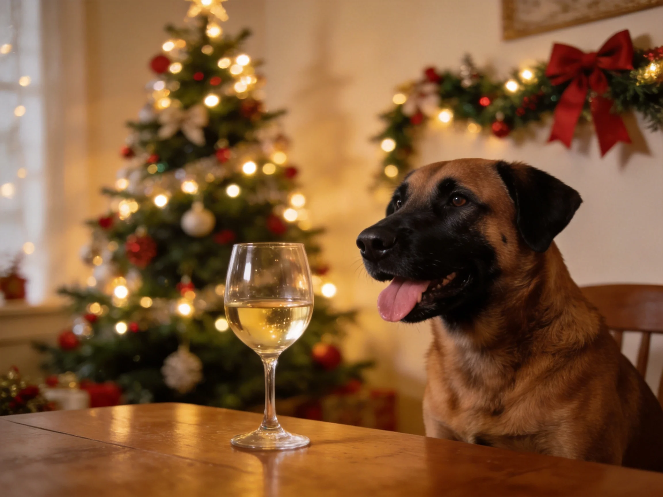 A dog sits by a decorated Christmas tree with a wine glass nearby.