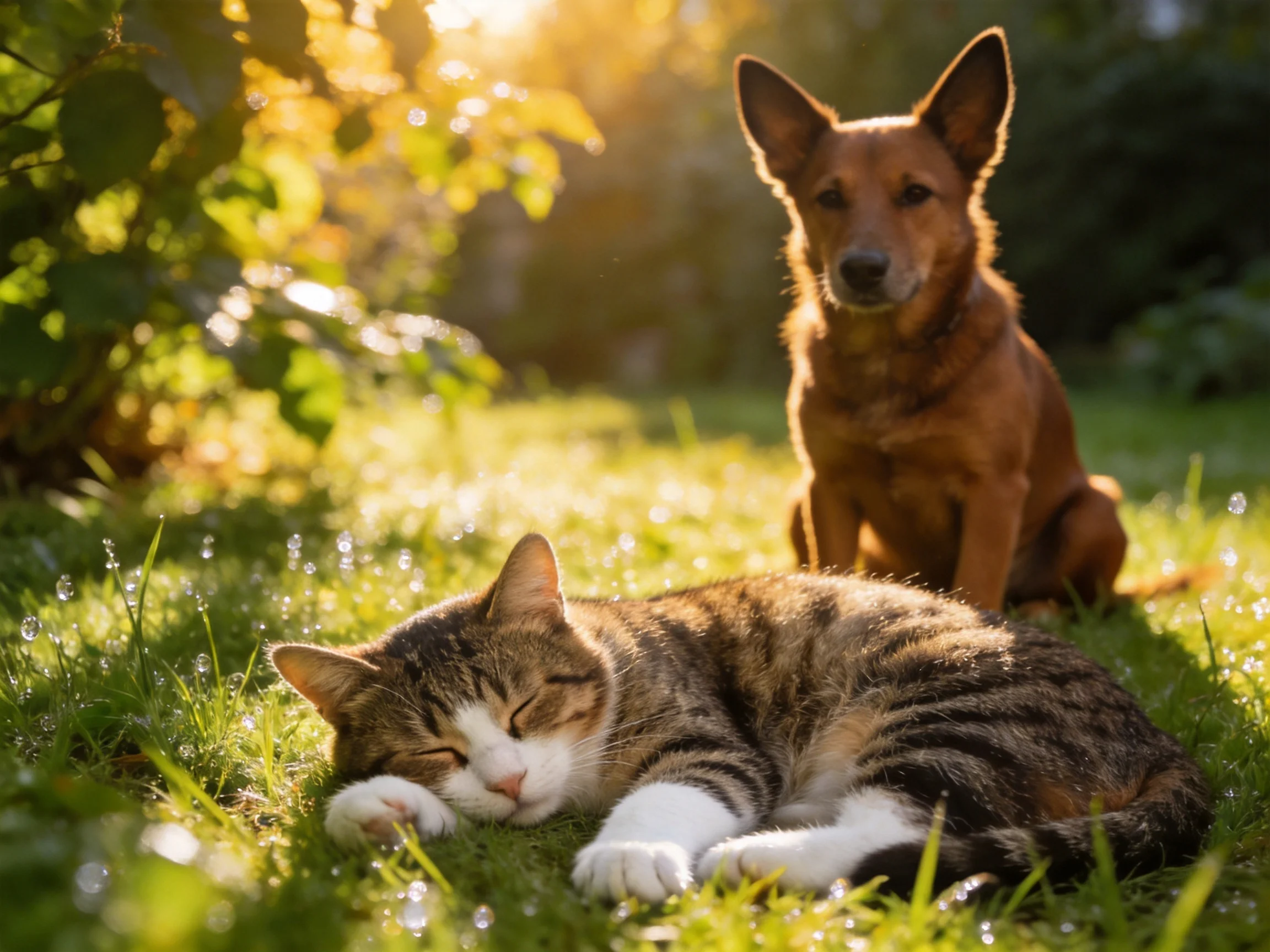 A brown dog sits near a sleeping tabby cat in a sunlit garden
