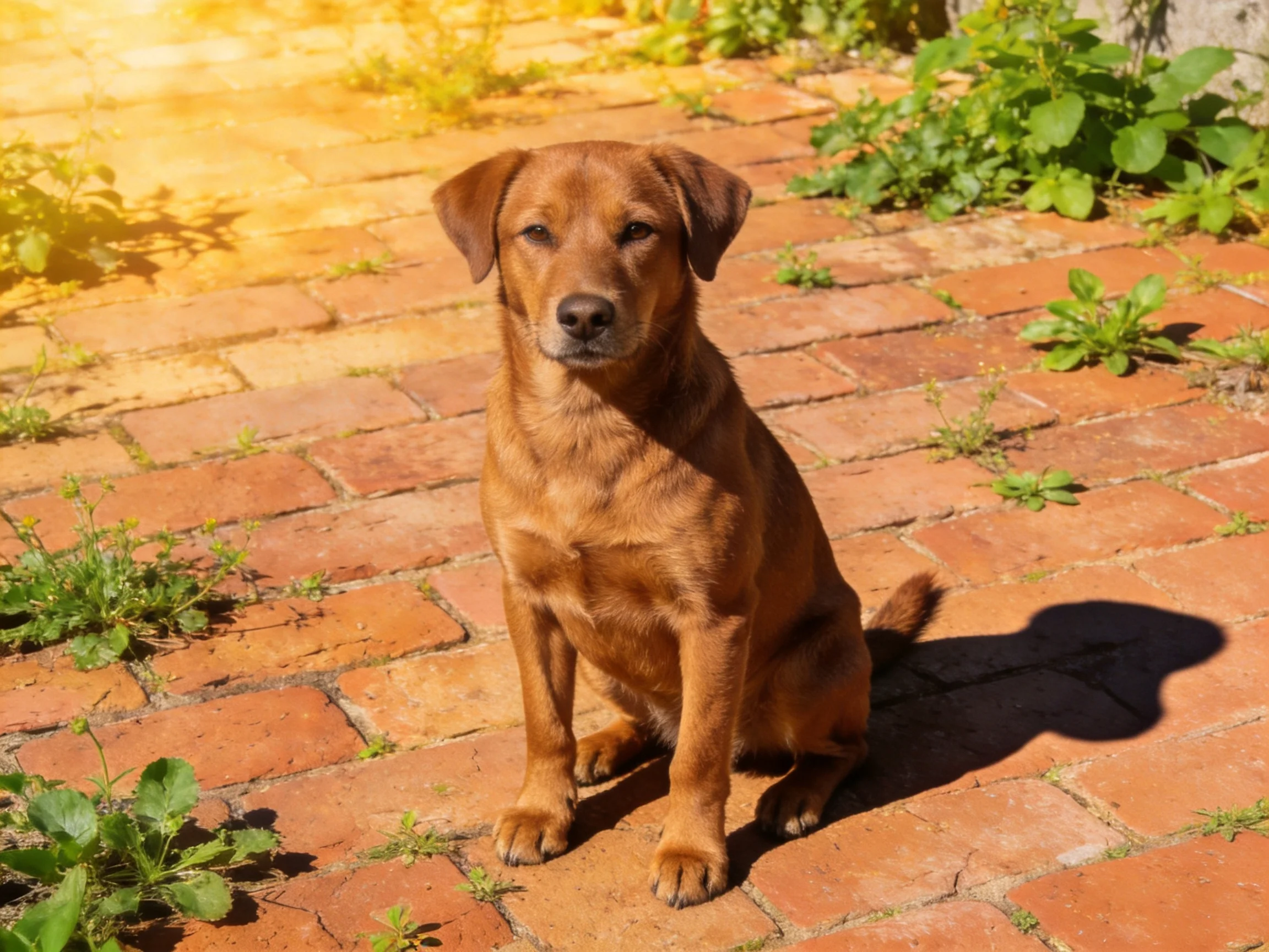 A brown dog sits on a brick patio with surrounding greenery