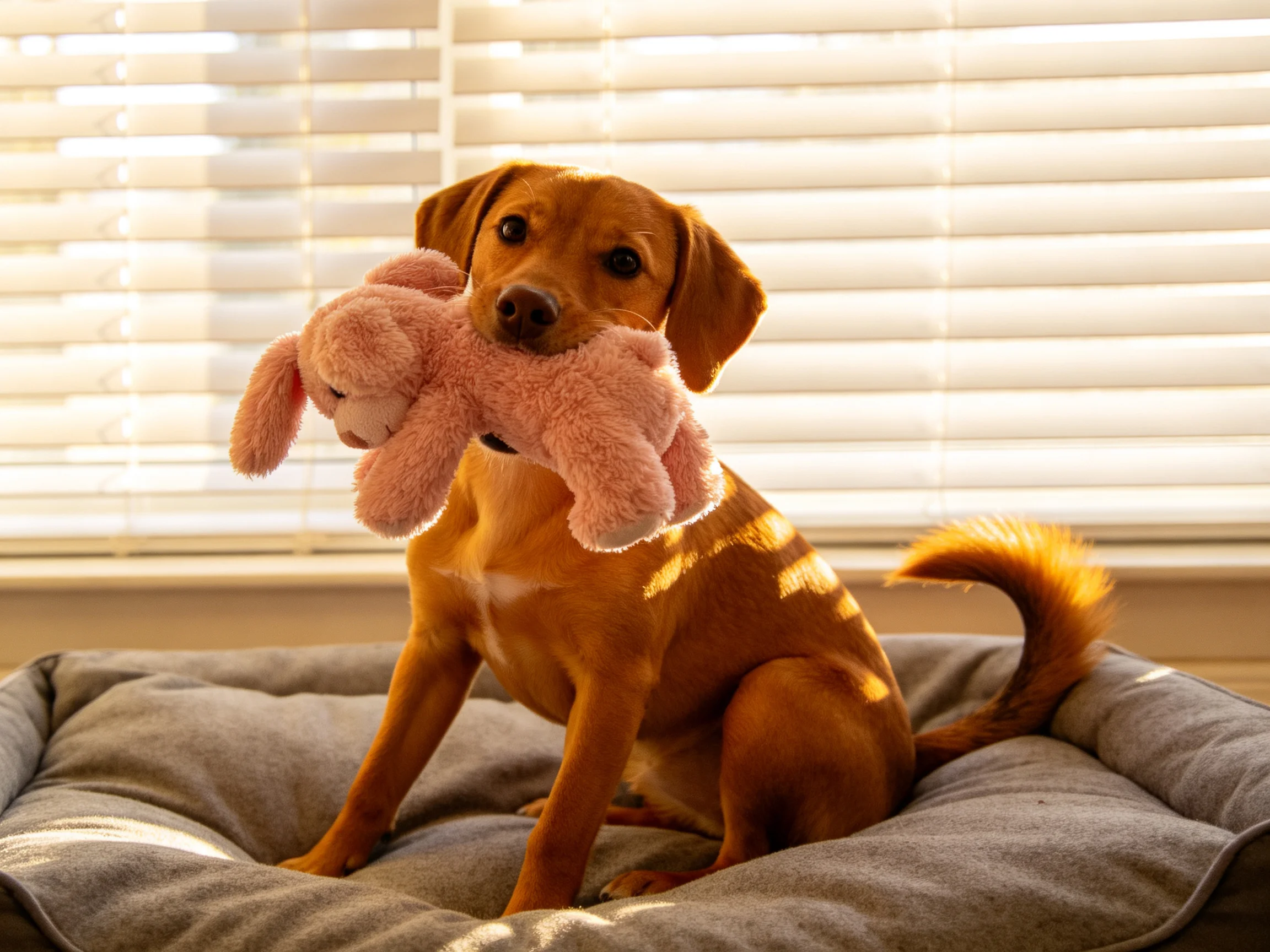 A brown dog sits on a gray bed holding a pink stuffed bunny near white blinds
