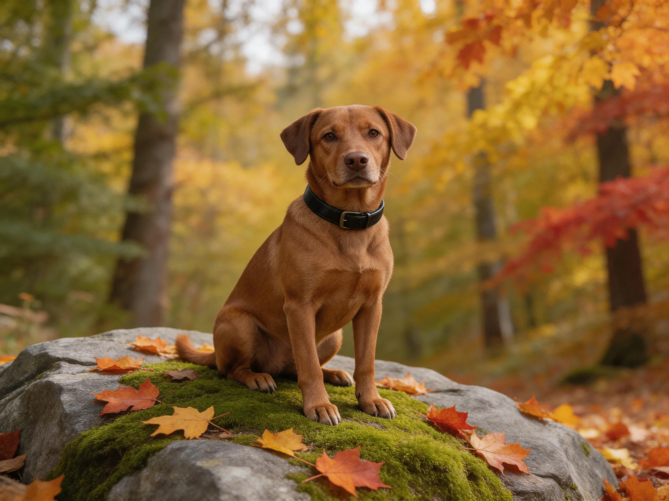 A brown dog sits on a moss-covered rock amid autumn foliage