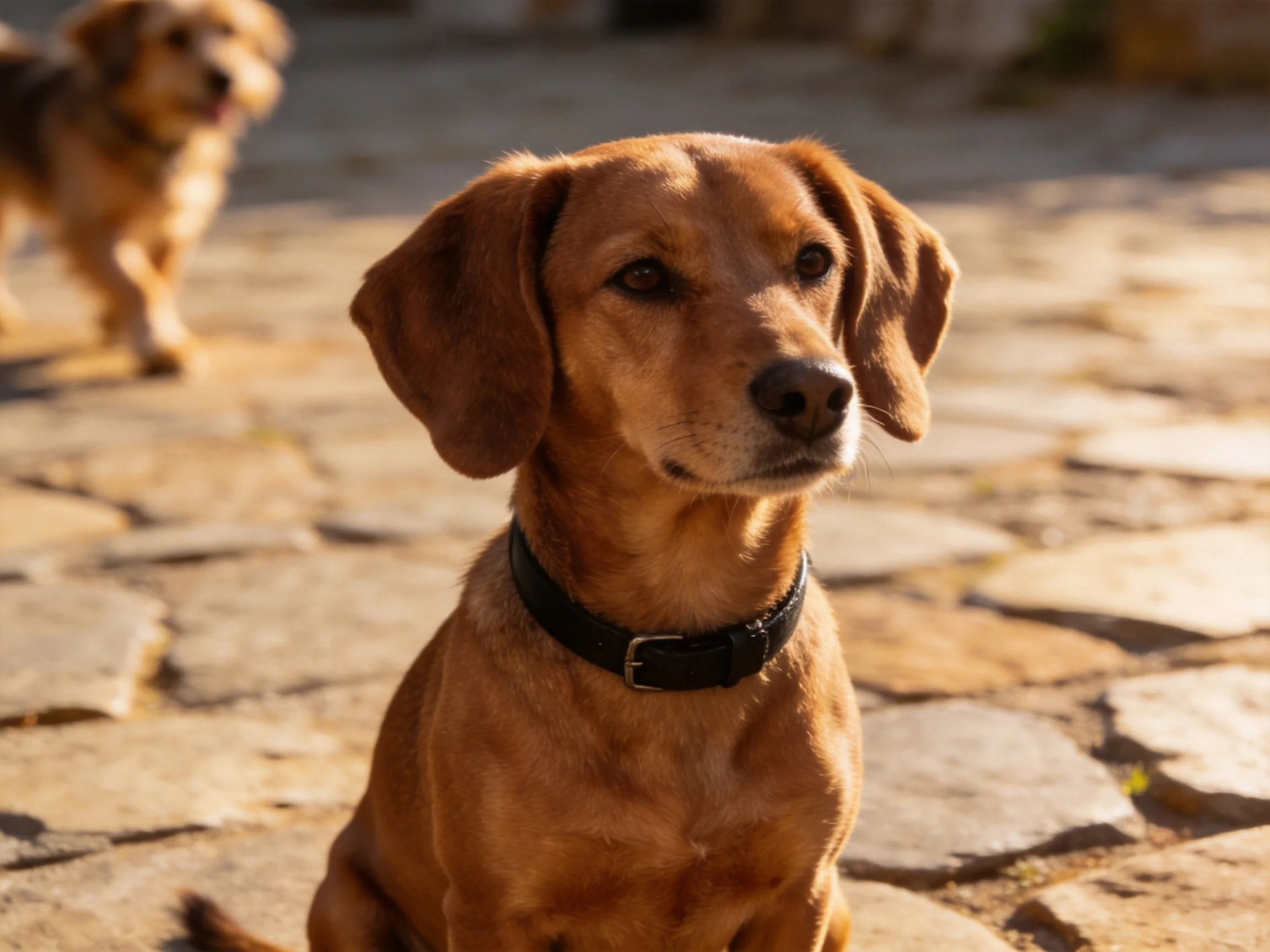 A brown dog sitson a stone path while another dog moves in the background.