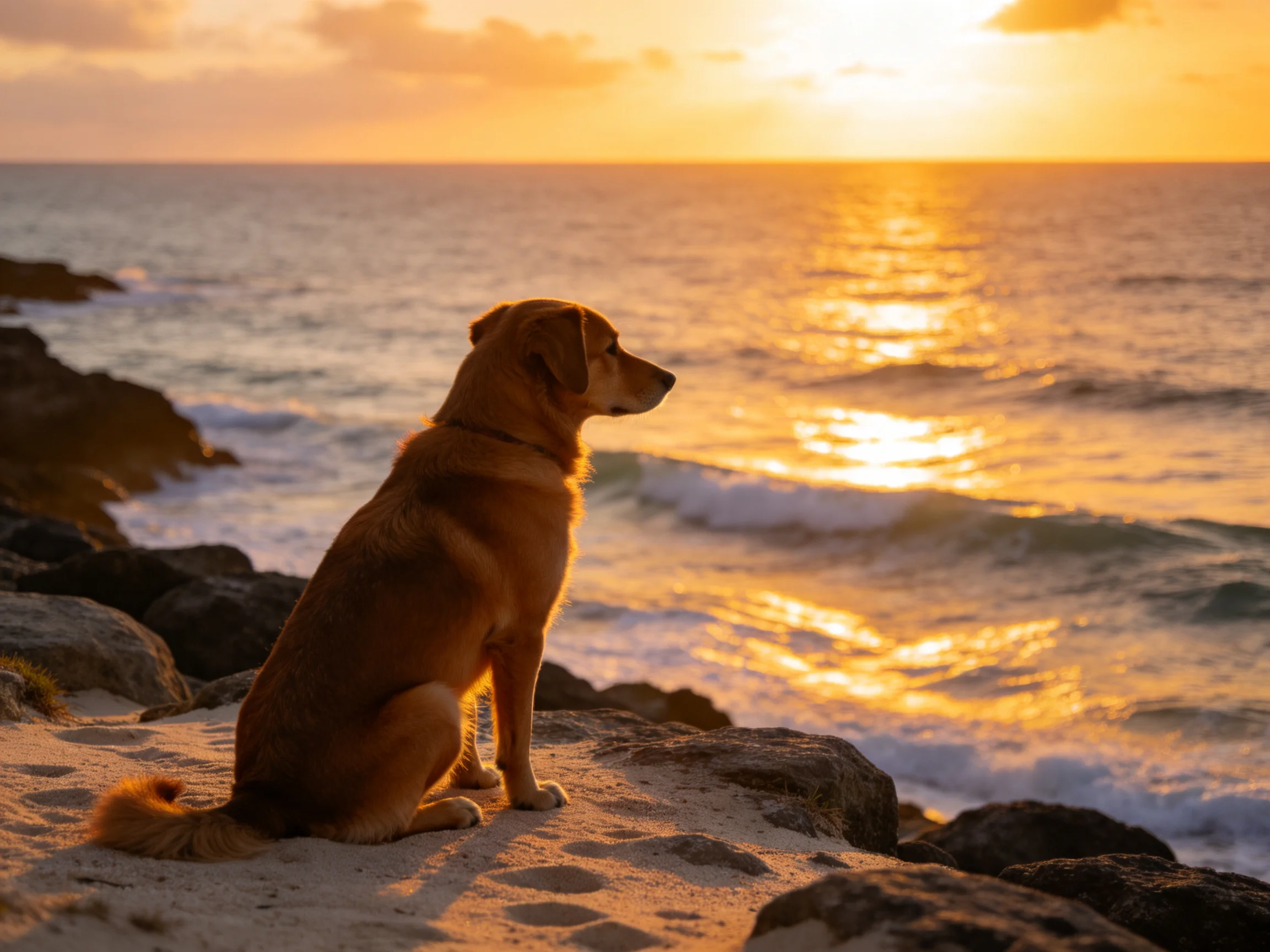 A brown dog sits on rocky shore during golden sunset over ocean
