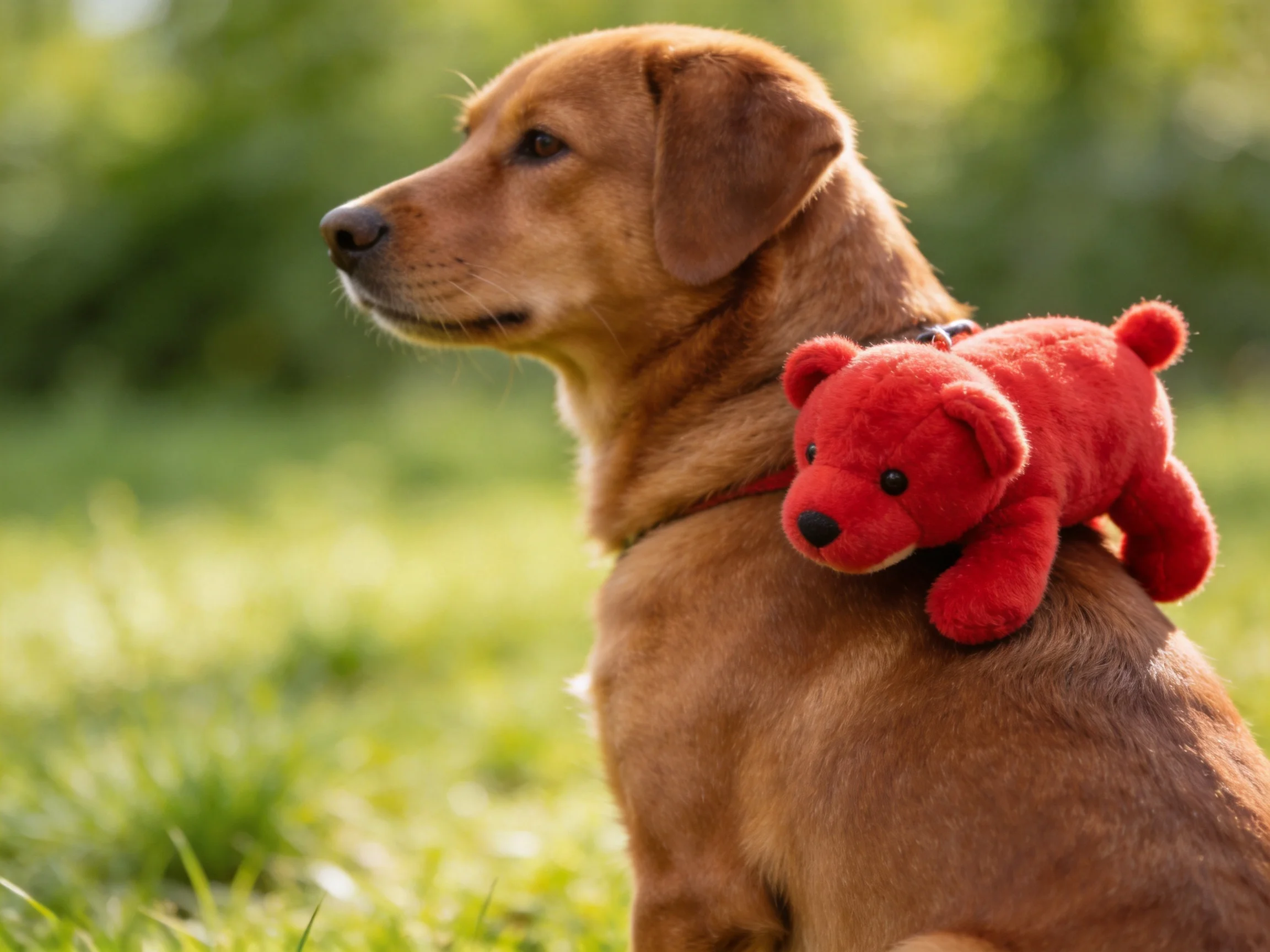 A brown dog sits outdoors with a bright red stuffed bear on its back
