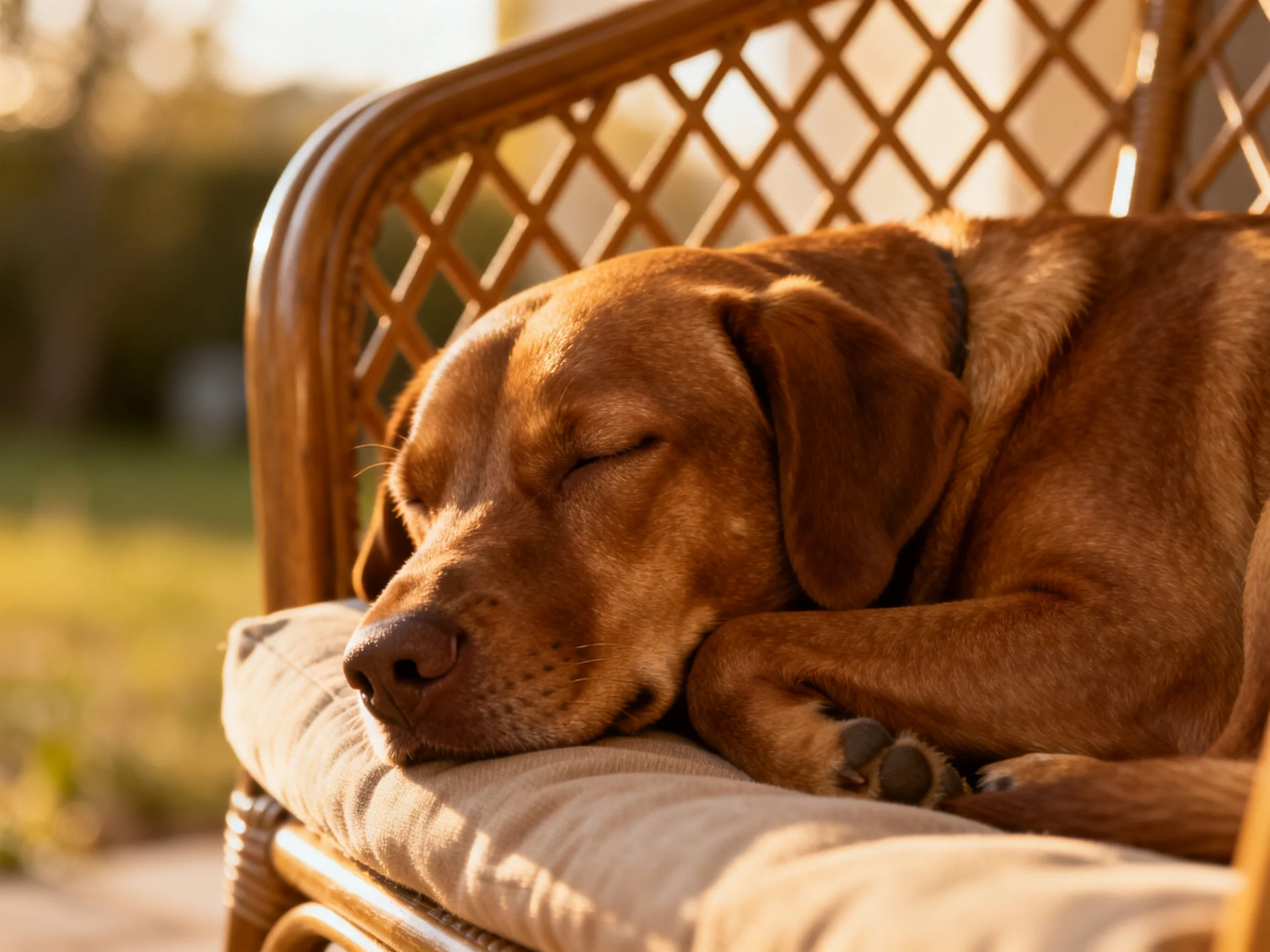 A brown dog sleeps on a wicker chair in sunny light