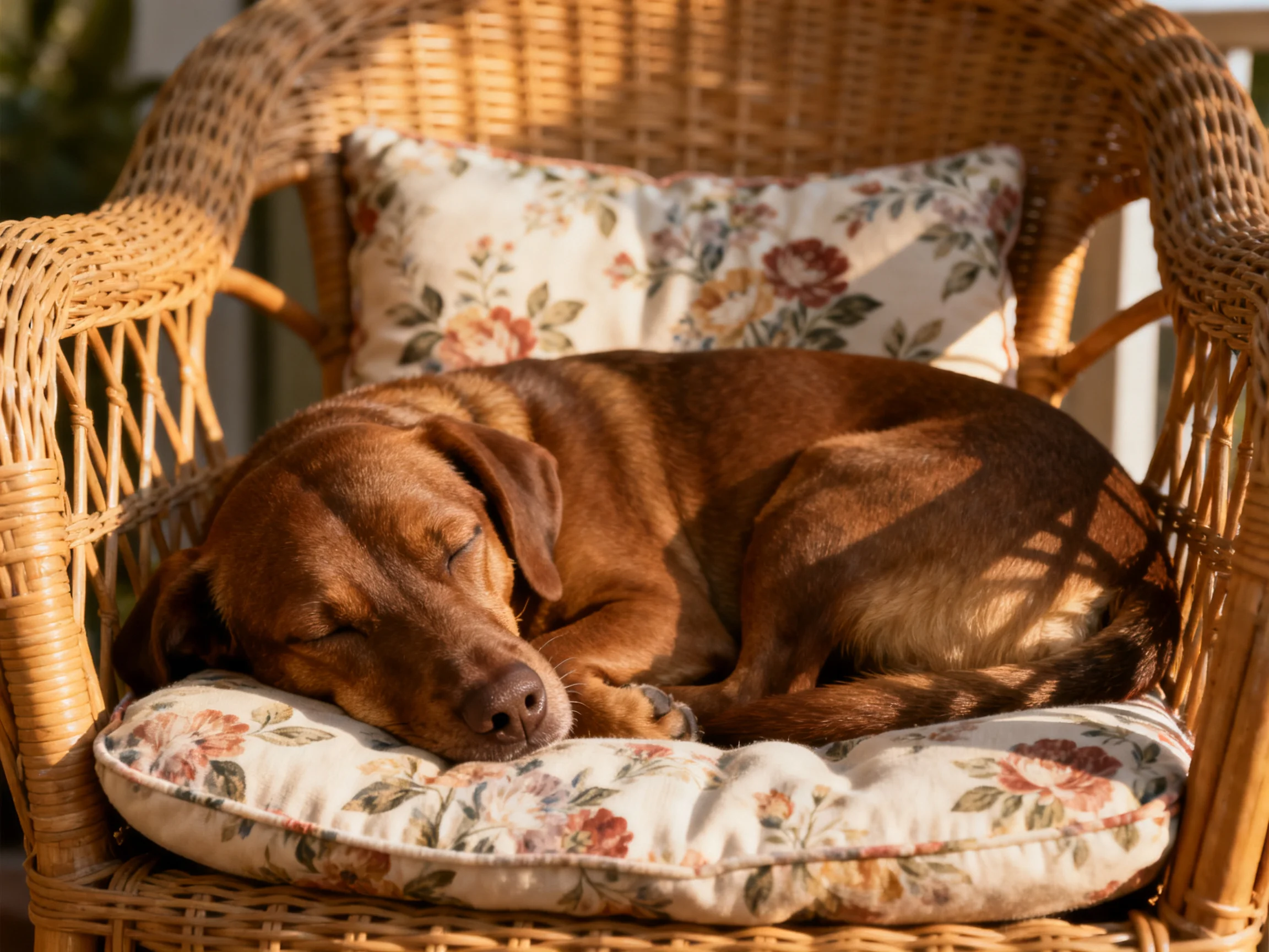 A brown dog sleeps on a wicker chair with floral cushions