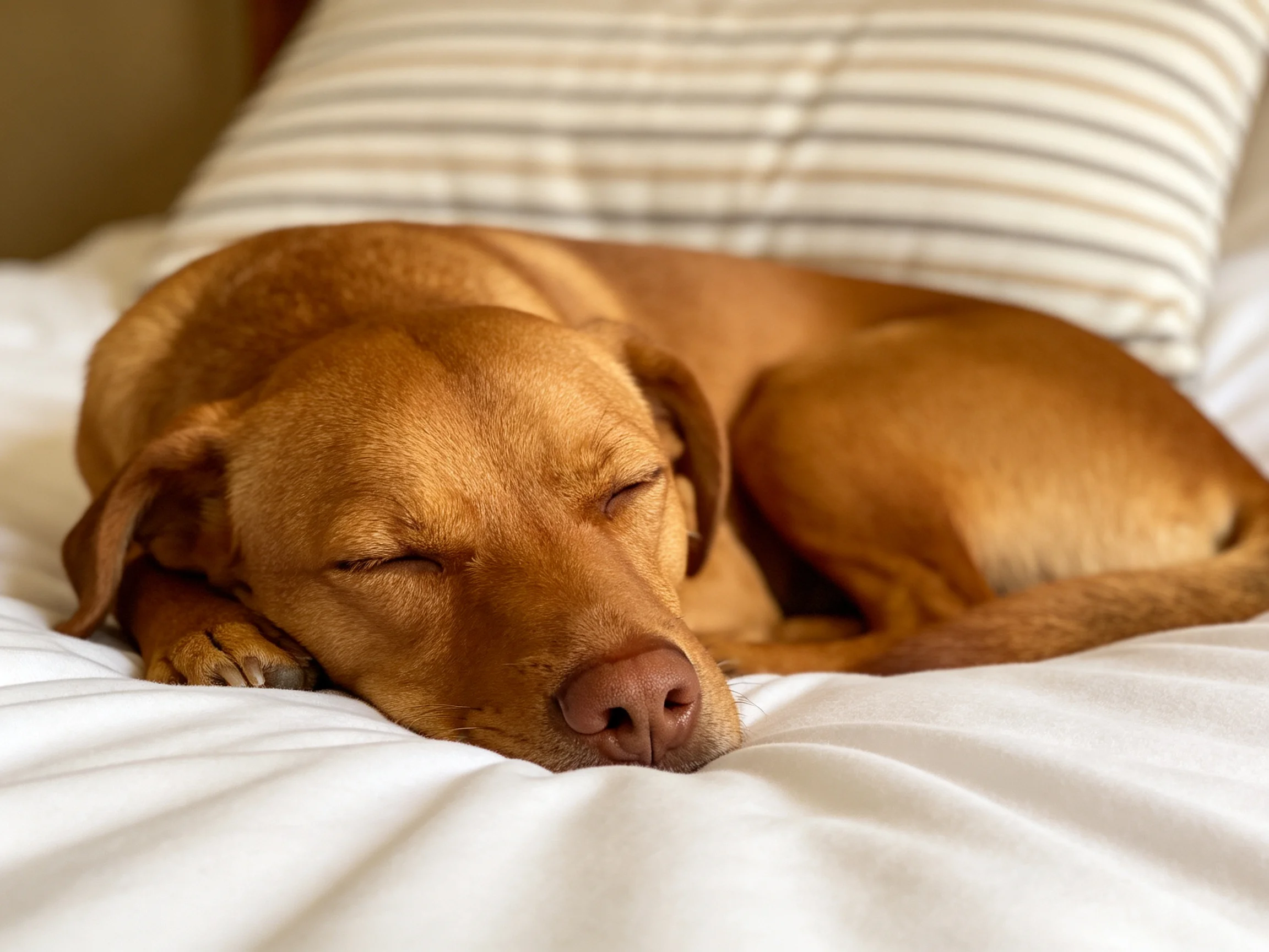 A brown dog sleeps peacefully on a white bed with striped pillows