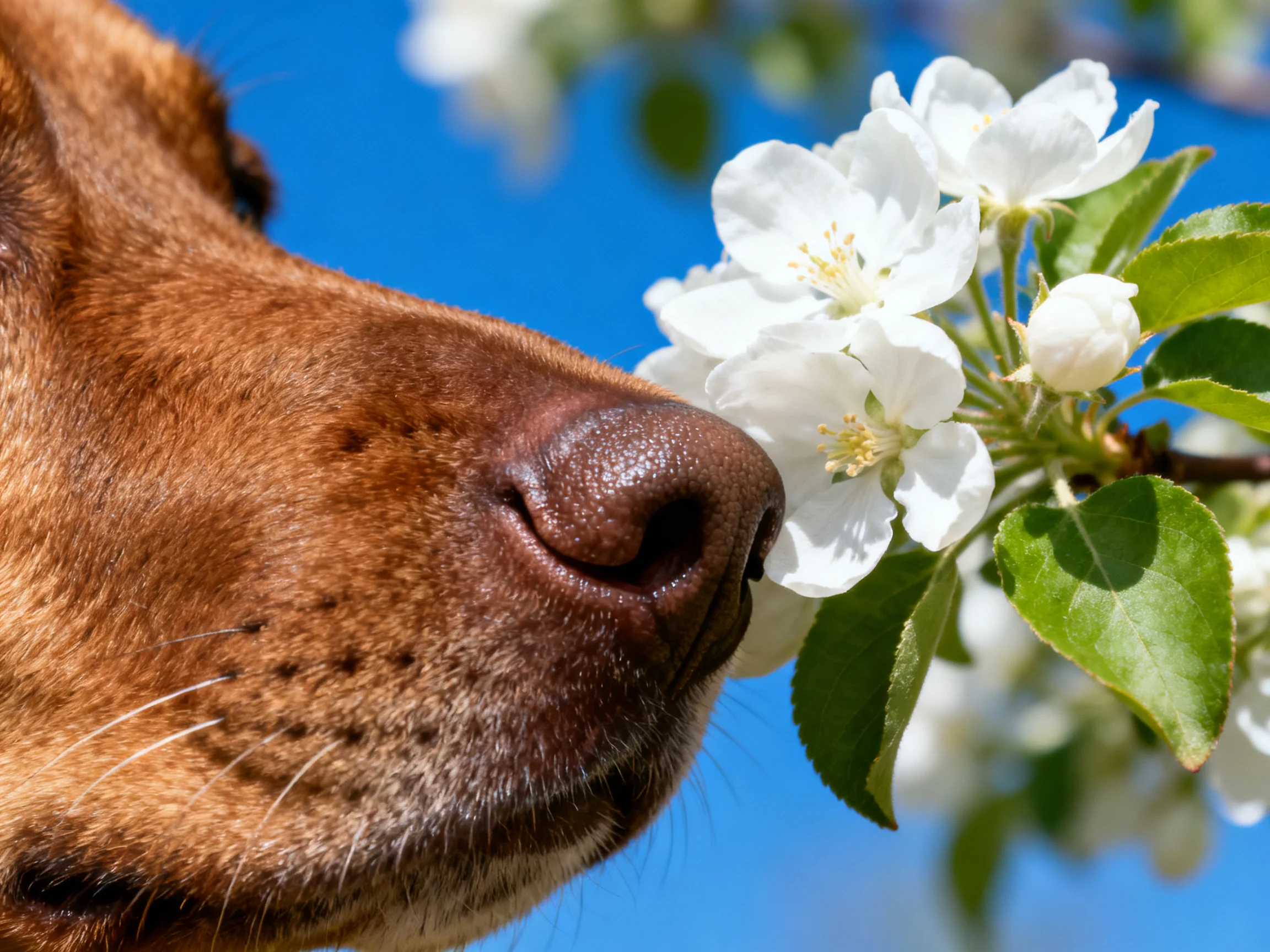 A brown dog sniffs delicate white blossoms under a bright blue sky