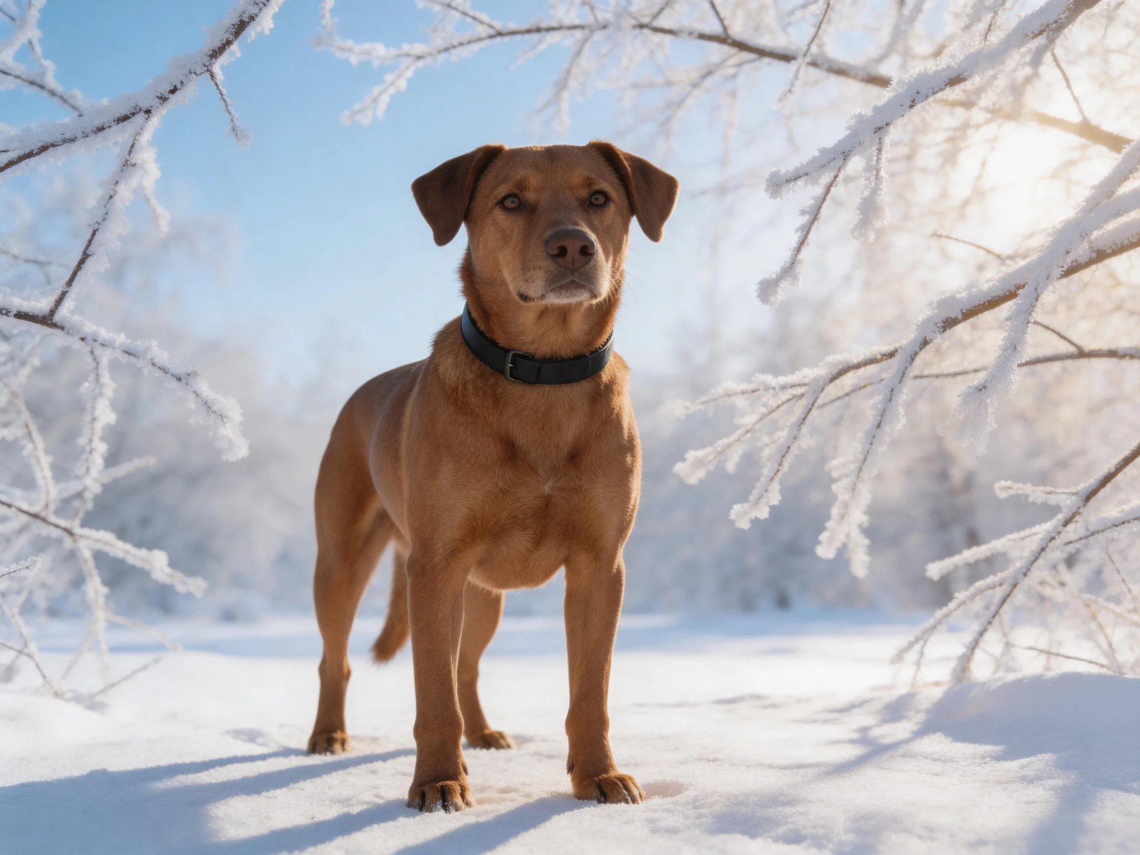 A brown dog stands in a snowy, frosty outdoor environment.