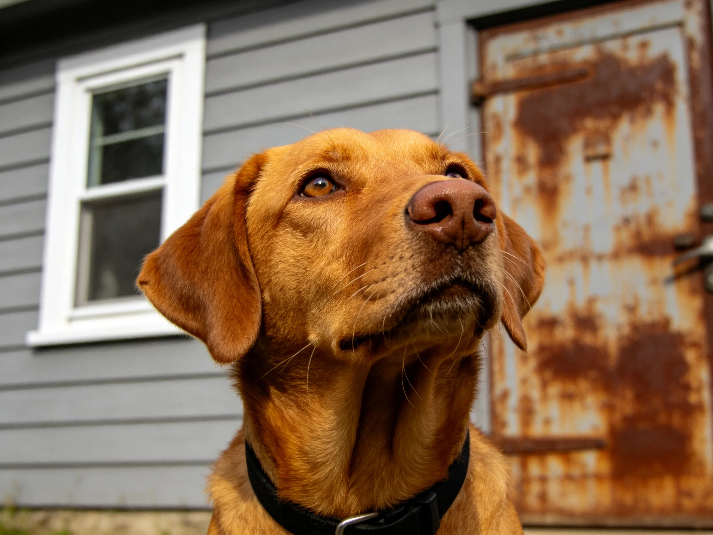 A brown dog stands outside a gray house with a rusted metal door.