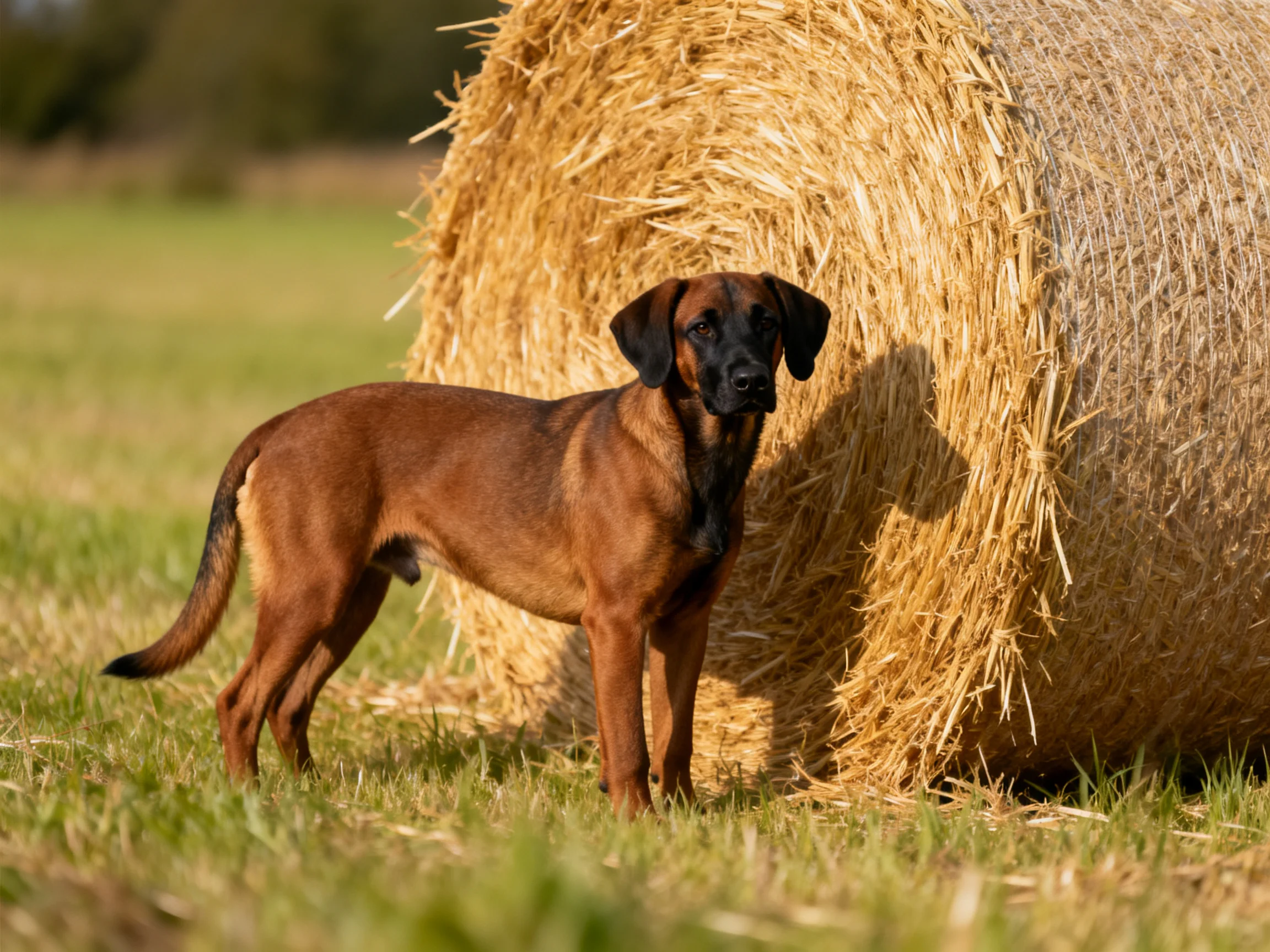 A brown dog stands next to a large hay bale in a sunny field.
