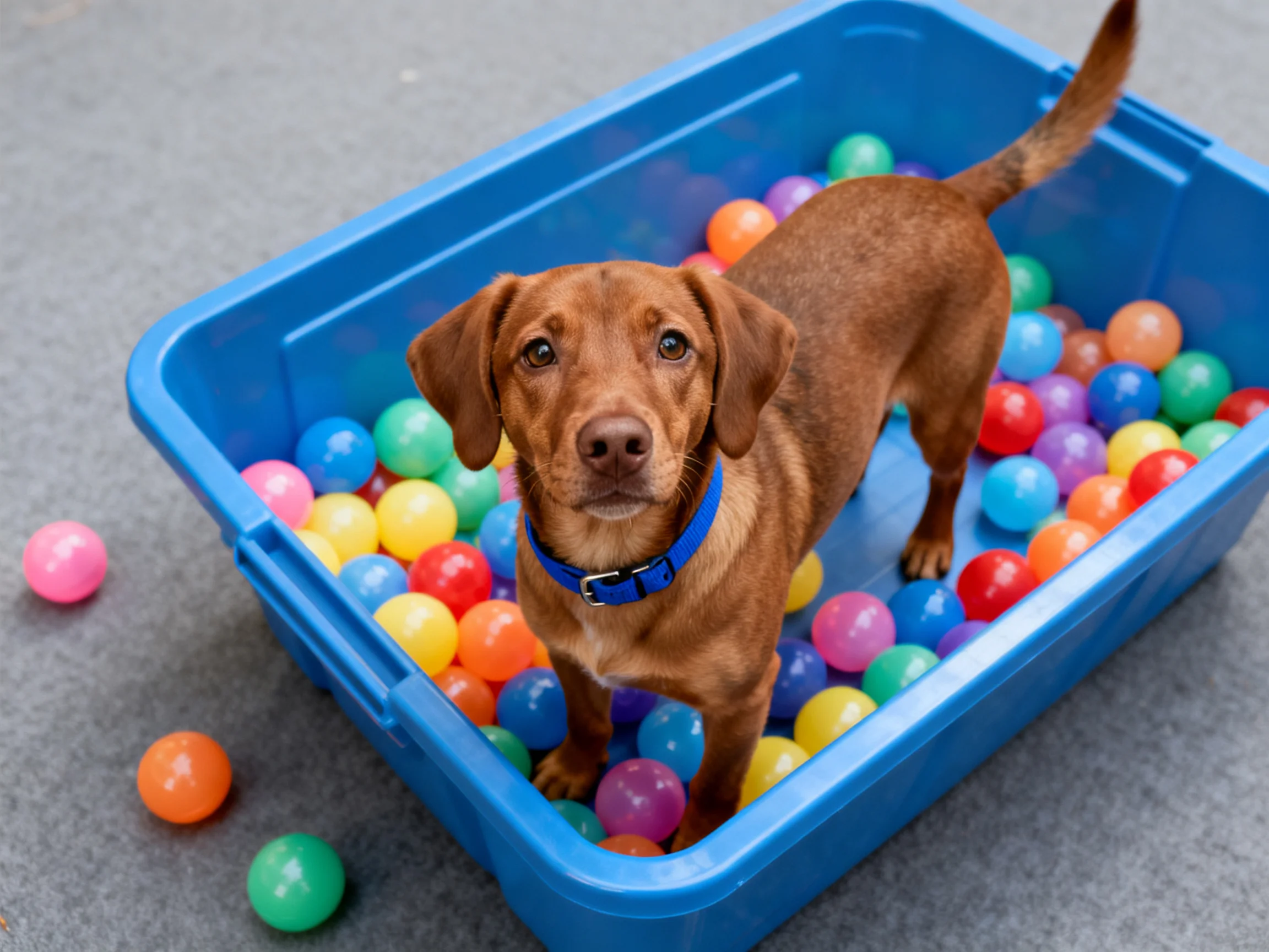 A brown dog stands in a blue bin of colorful plastic balls