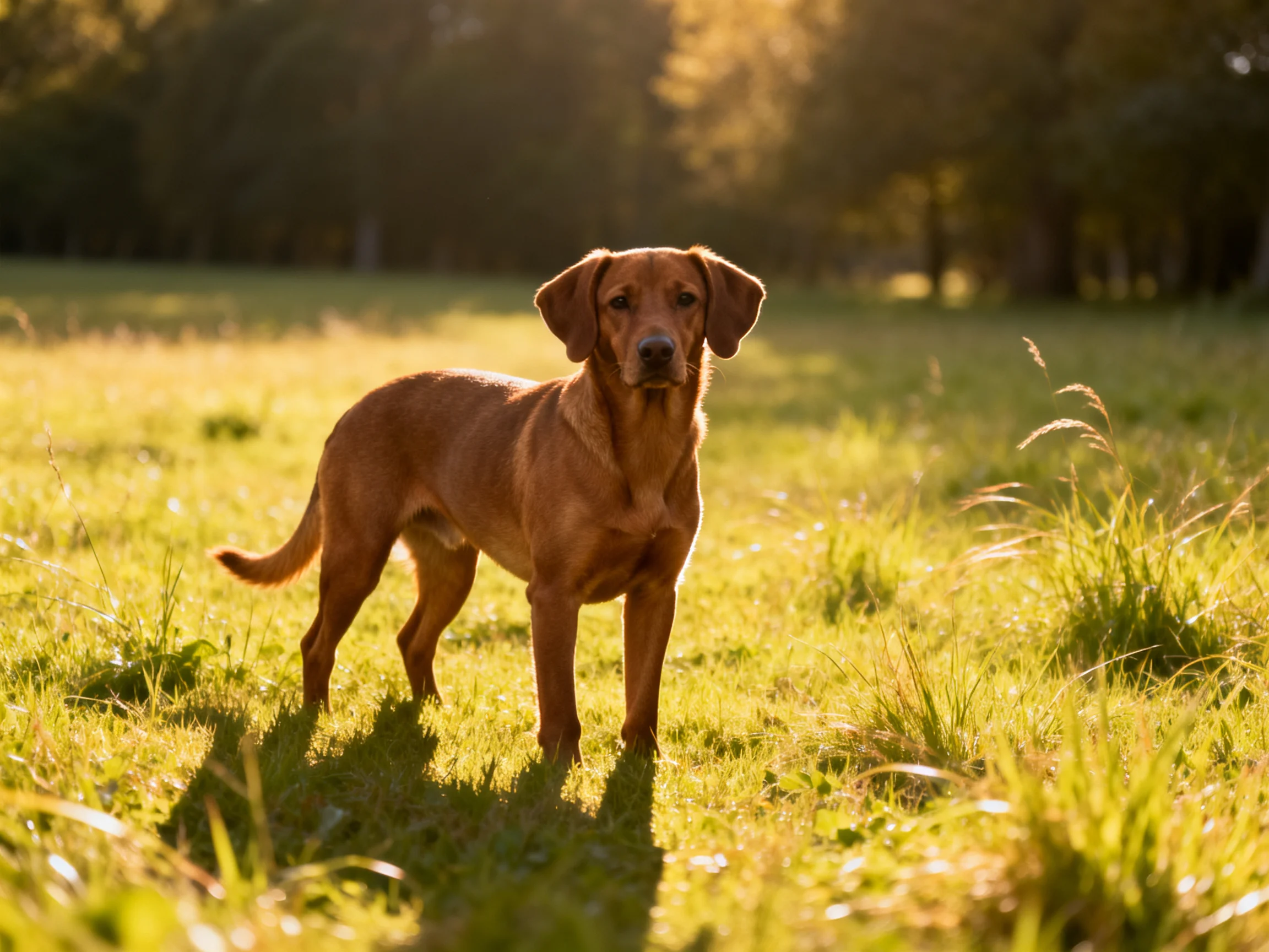 A brown dog stands alert in a sunlit grassy area surrounded by trees.
