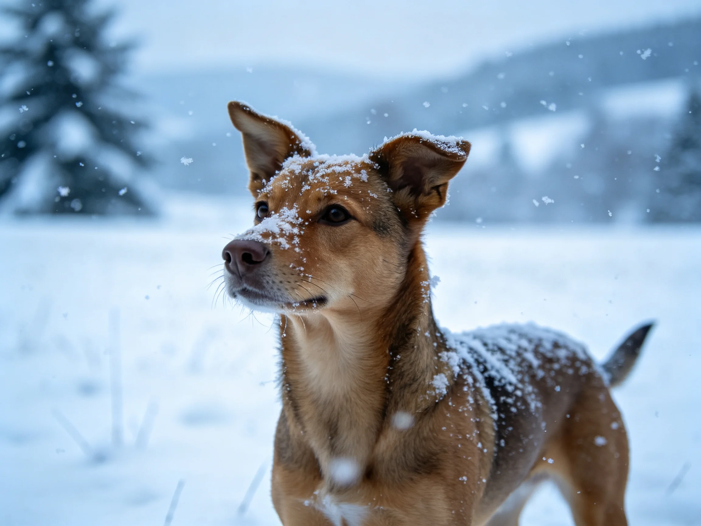 A brown dog stands in falling snow among snowy trees and hills